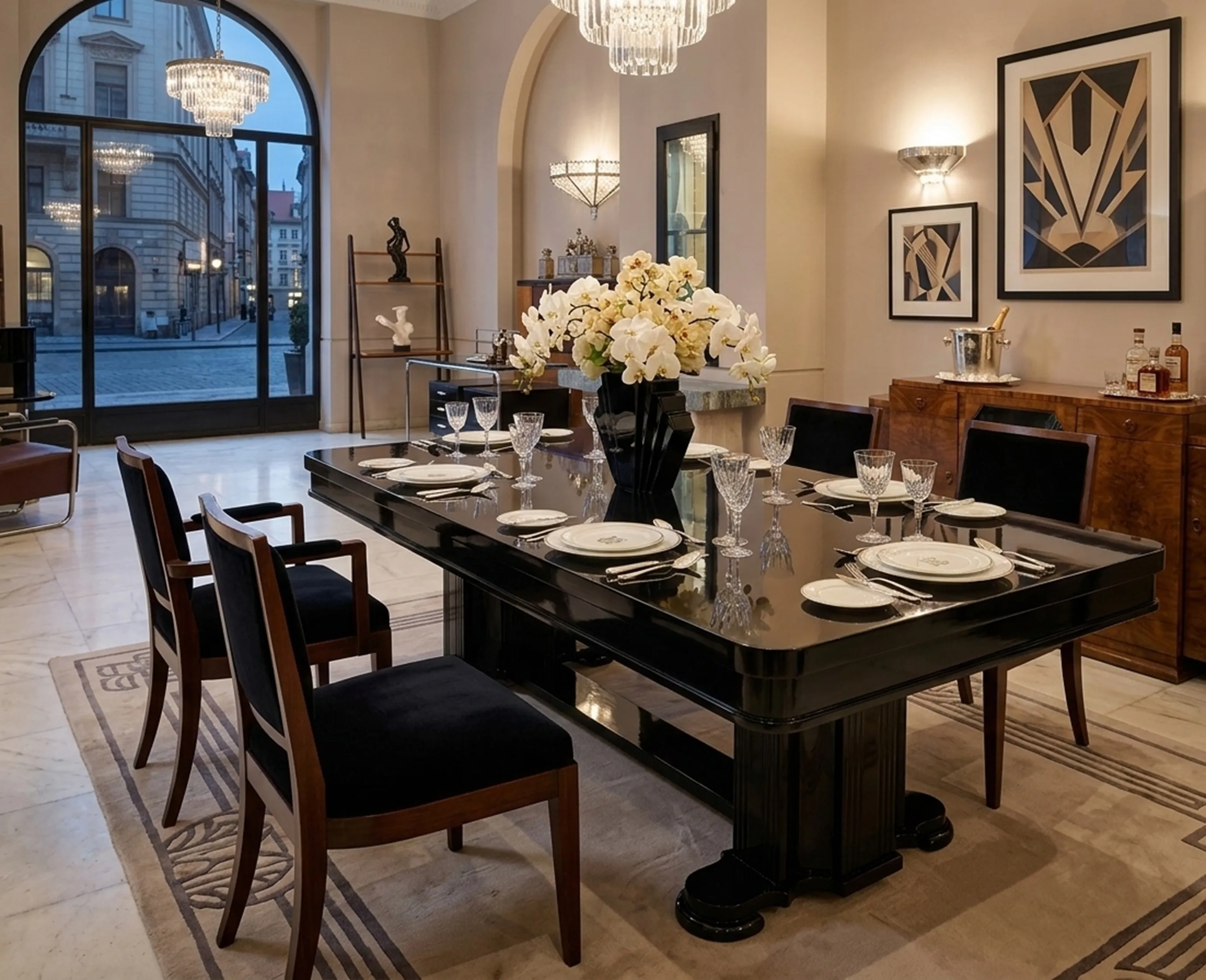 Antique dining table for 10 people in an elegant setting with flowers and tableware.