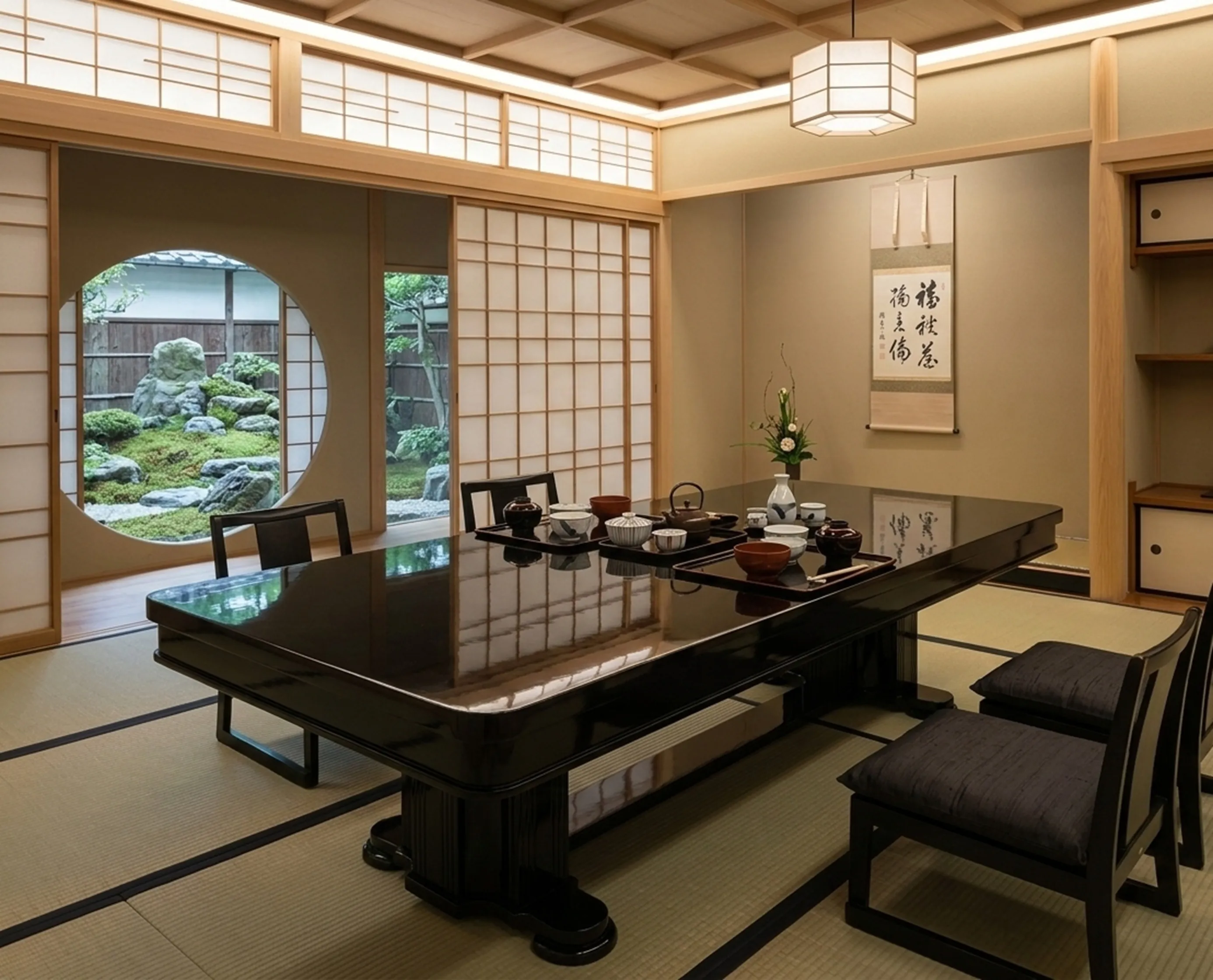 Mesa de comedor antigua para 10 personas, en ambiente tradicional japonés, con decoración minimalista.