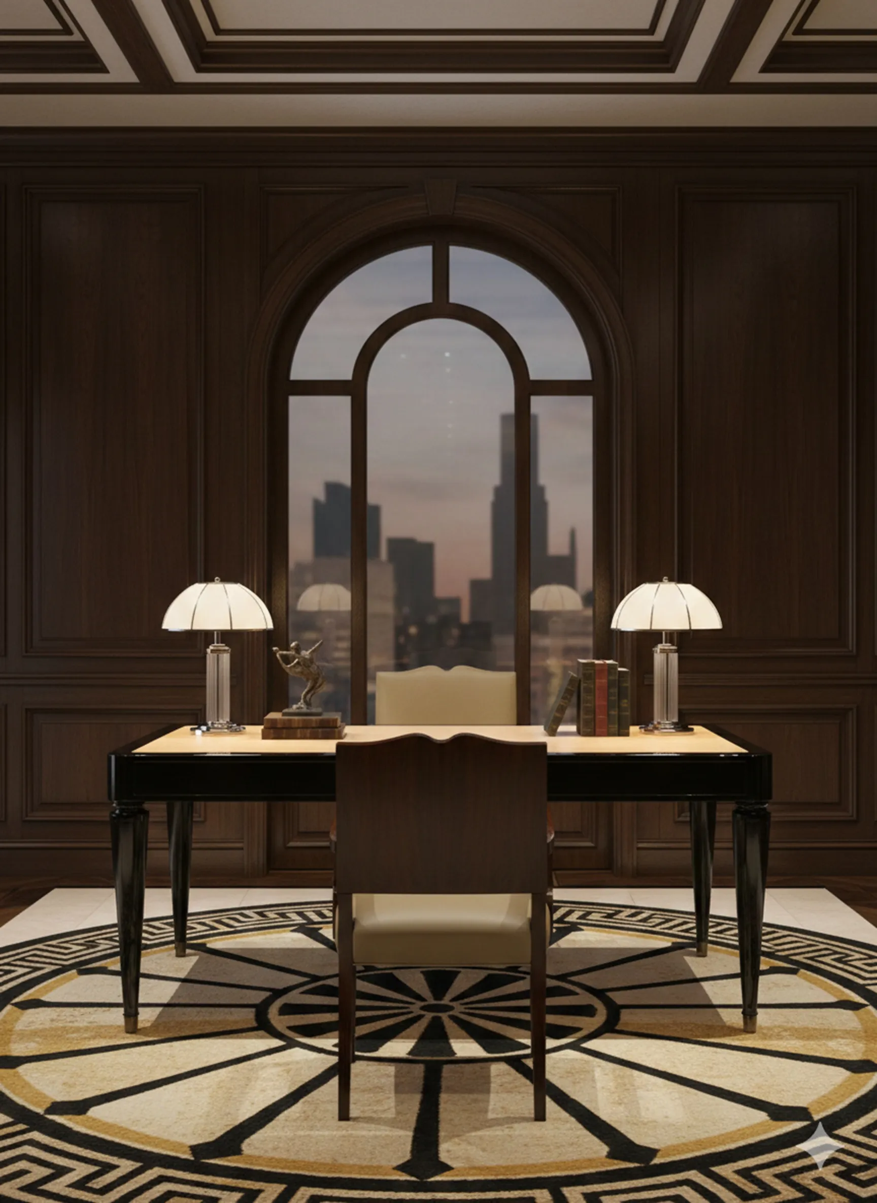 vintage desk with lamps and an urban view