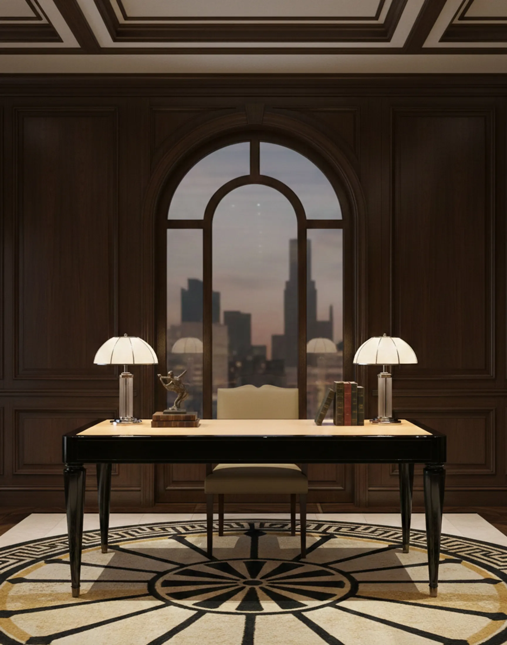 アンティークデスク、ランプ、椅子、現代的な視界