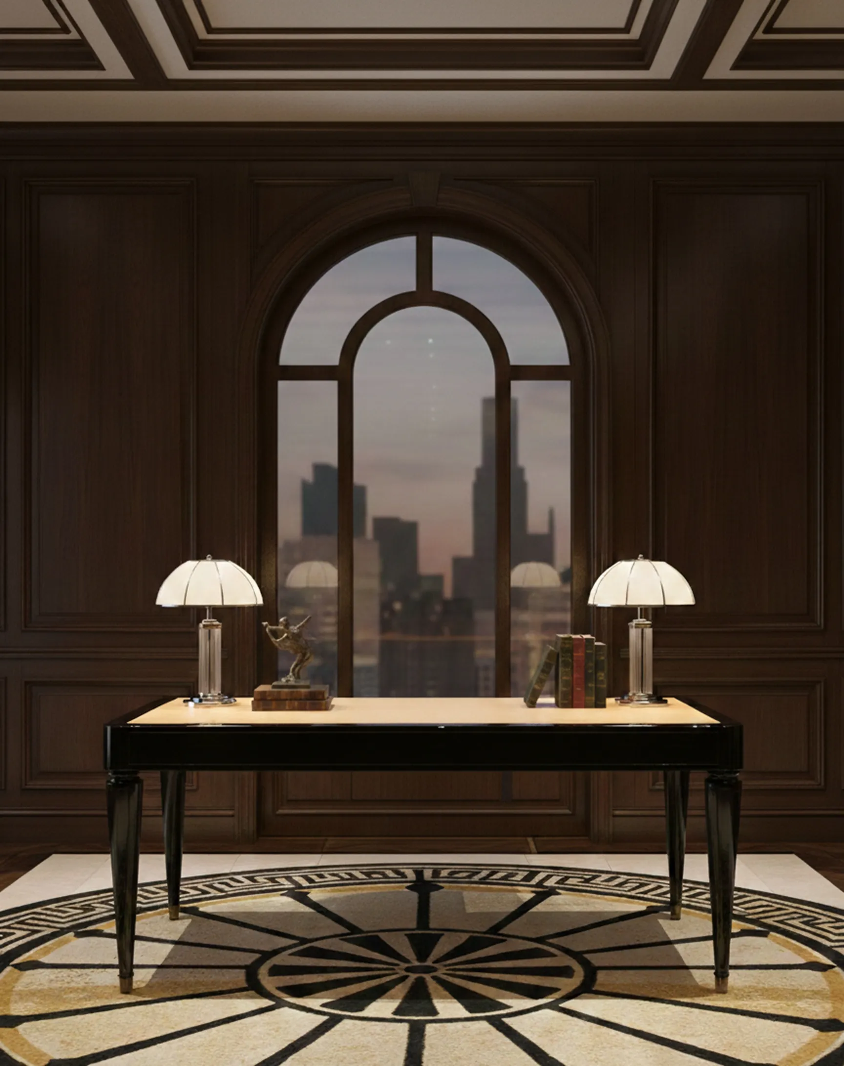 مكتب قديم مع مصابيح وكتب، جو أنيق