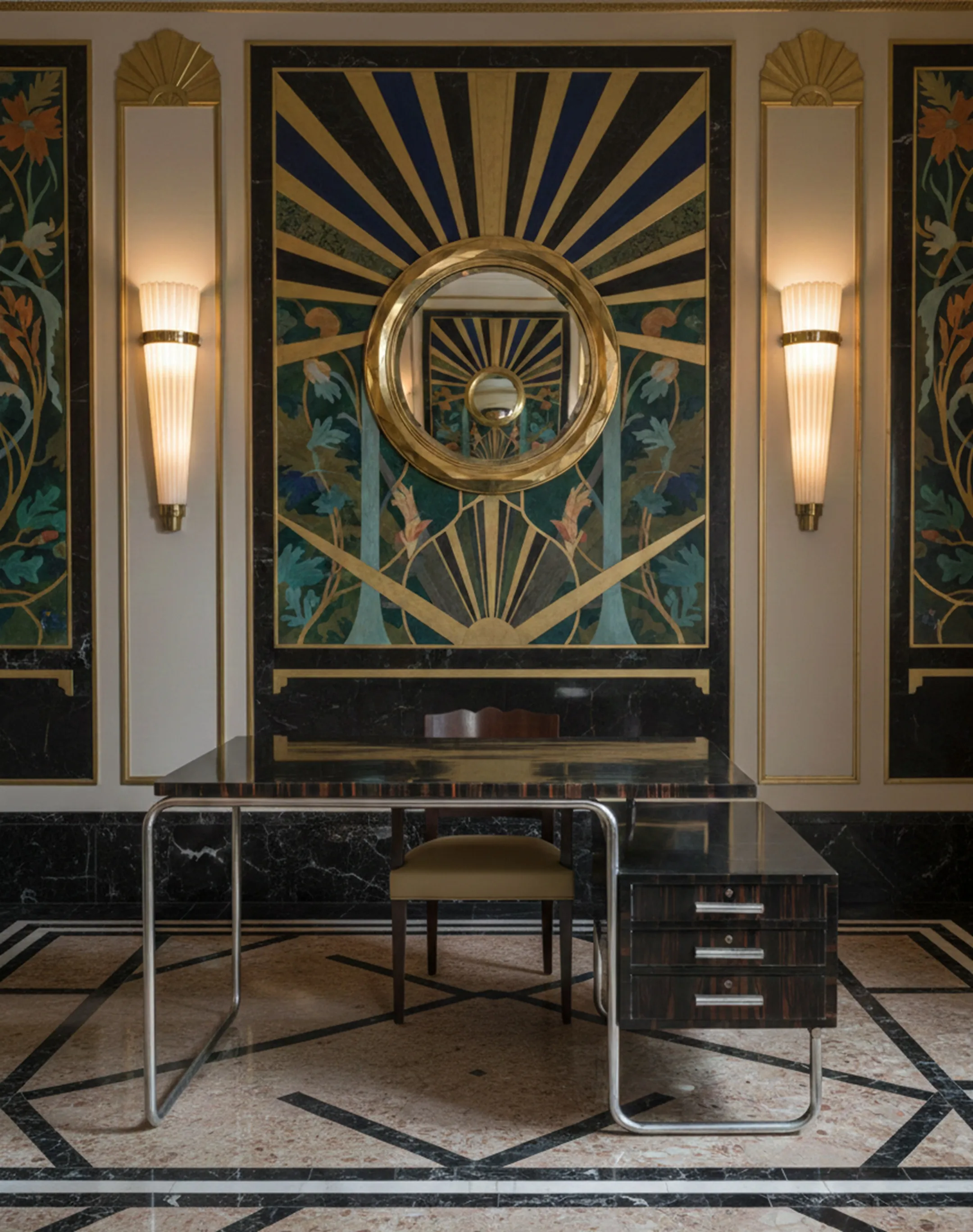 Antiker Schreibtisch mit modernem Design, dekorierter Hintergrund