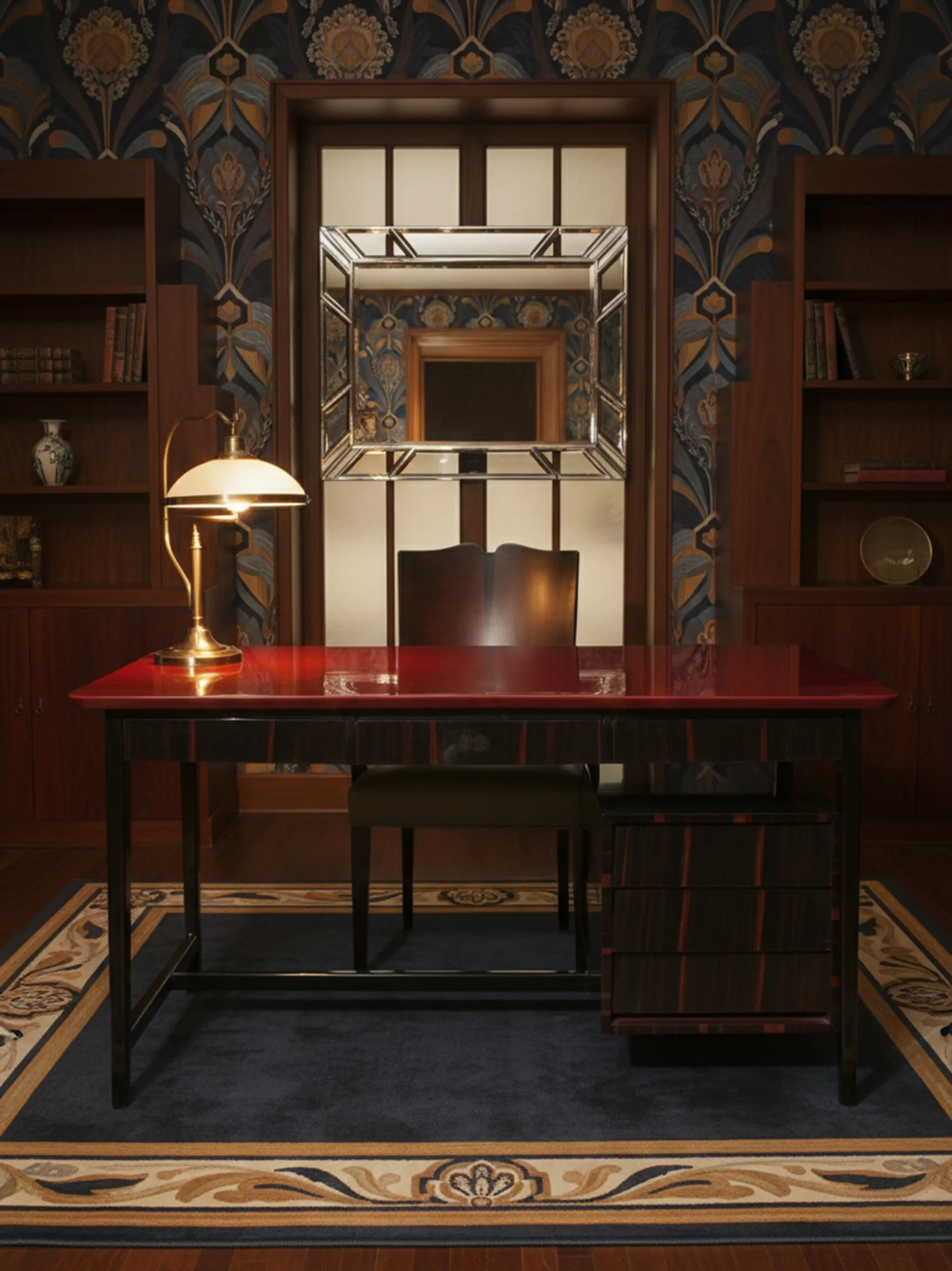 Antique desk with a lamp and mirror in an elegant setting.