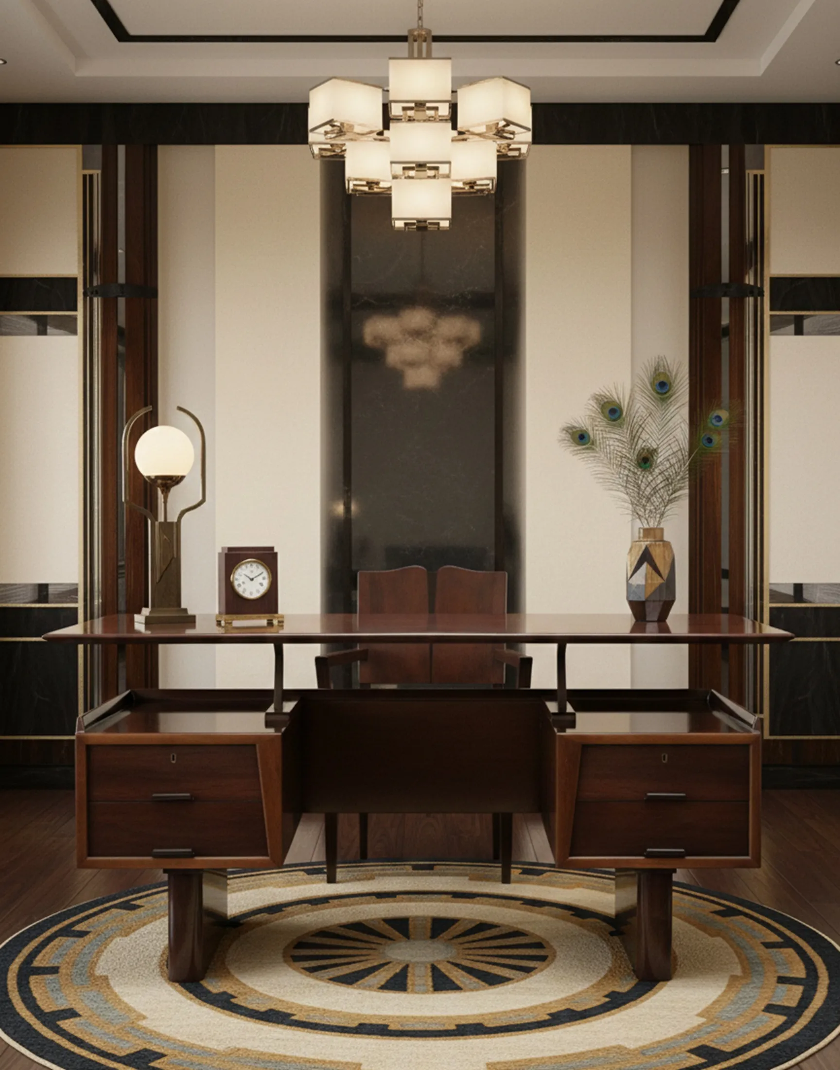 antique desk with two drawers and decorative elements