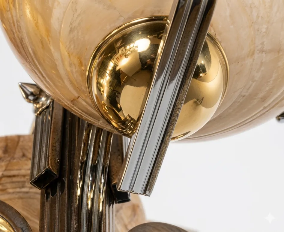 details of an antique hanging lamp in golden tones and geometric shapes