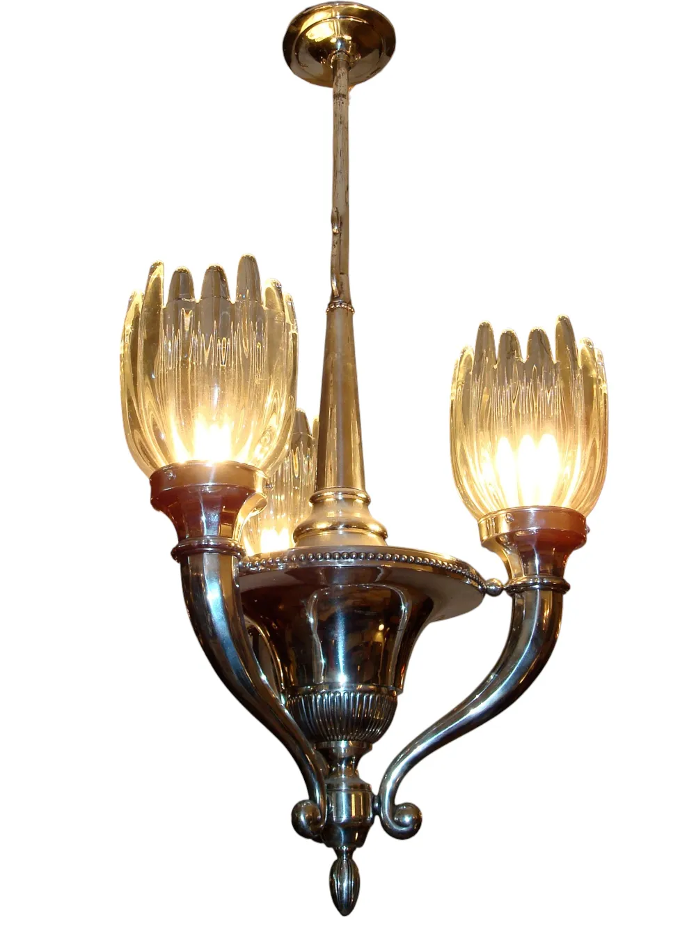 Antique hanging lamp in Art Deco style featuring elegant design and shining lights.