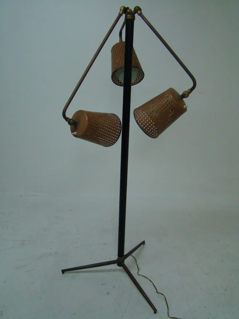 Antique floor lamp with three perforated shades, Art Deco style.