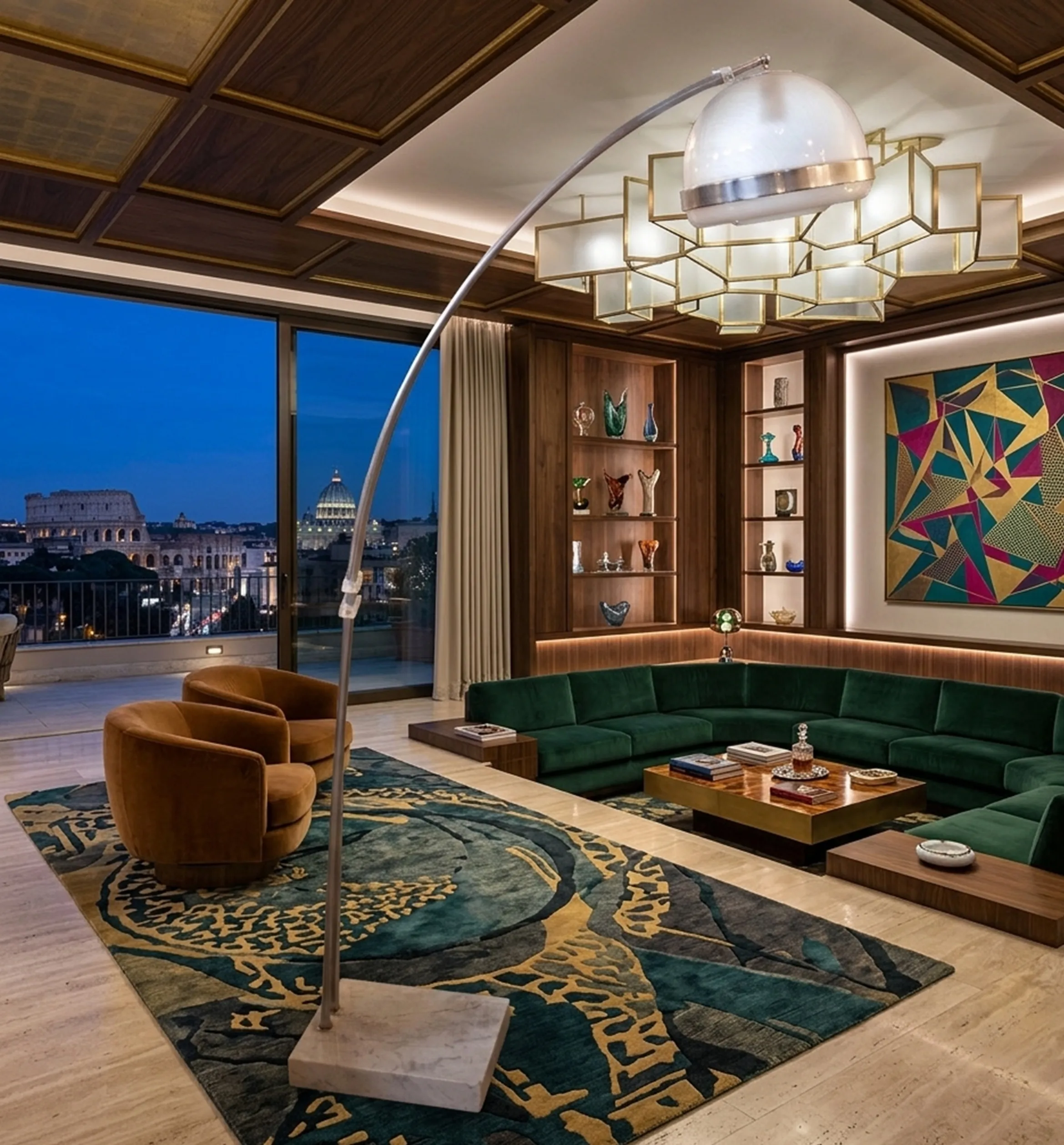 Luminária de pé antiga com design curvo e cúpula