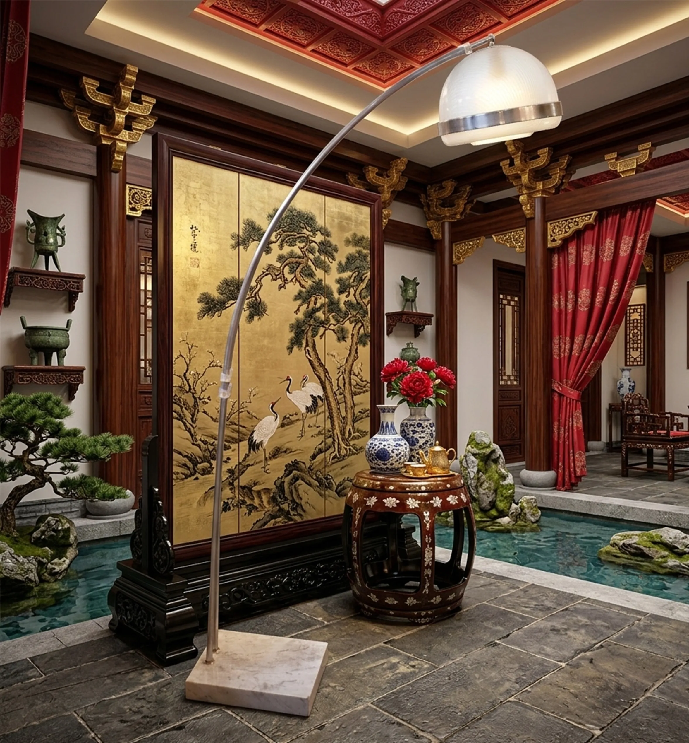 antique floor lamp with soft light in an elegantly decorated room with oriental art