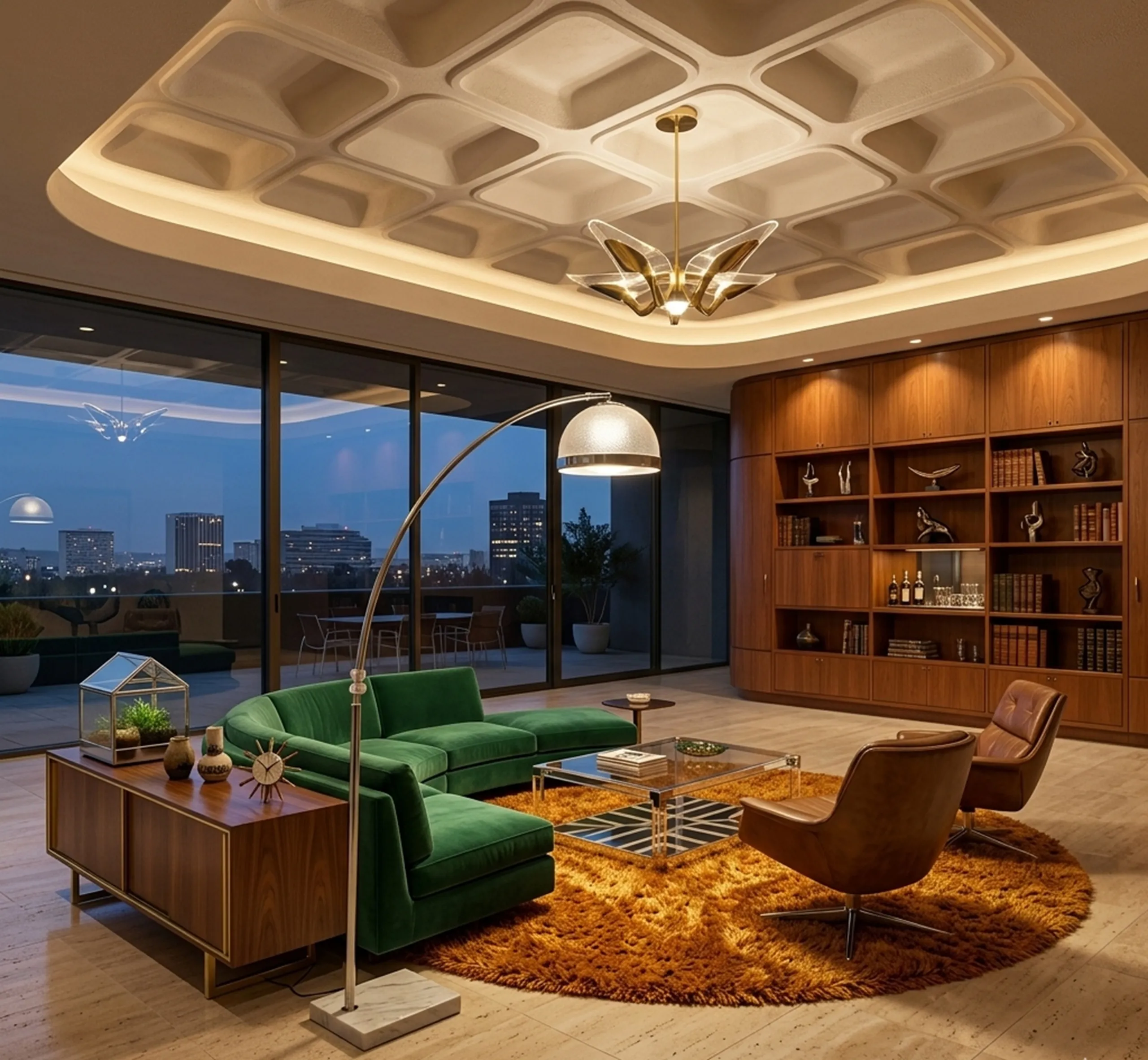 image of an antique arch floor lamp in an elegant living room with green sofas