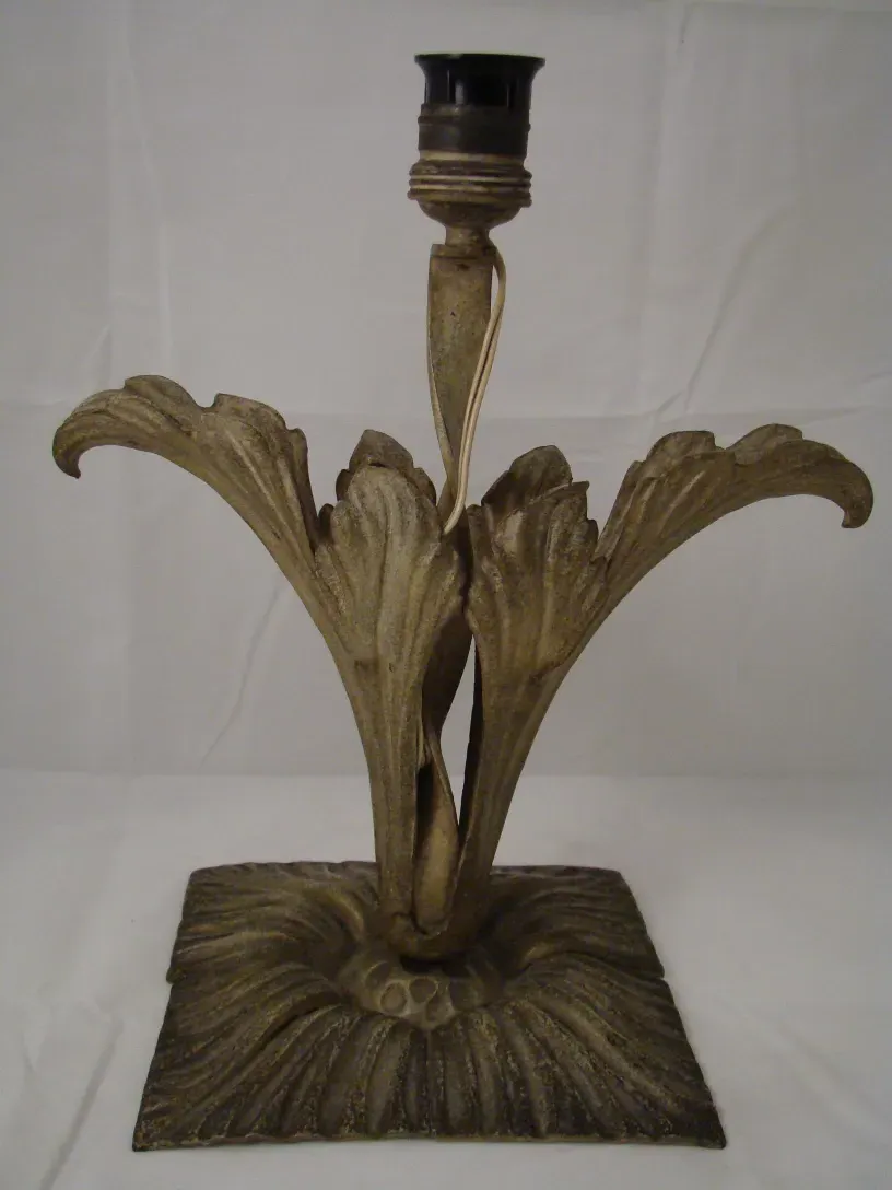 Antique table lamp with leaf-shaped base and cord