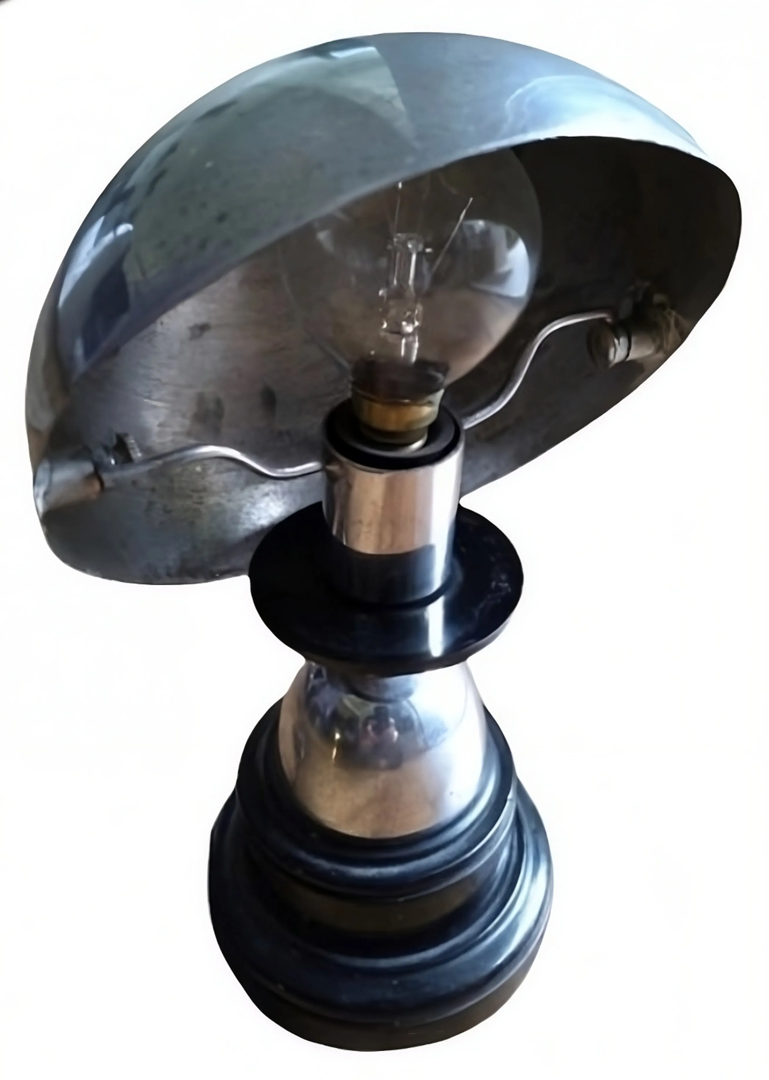 Antique table lamp with black base and metal shade, perfect for desks.