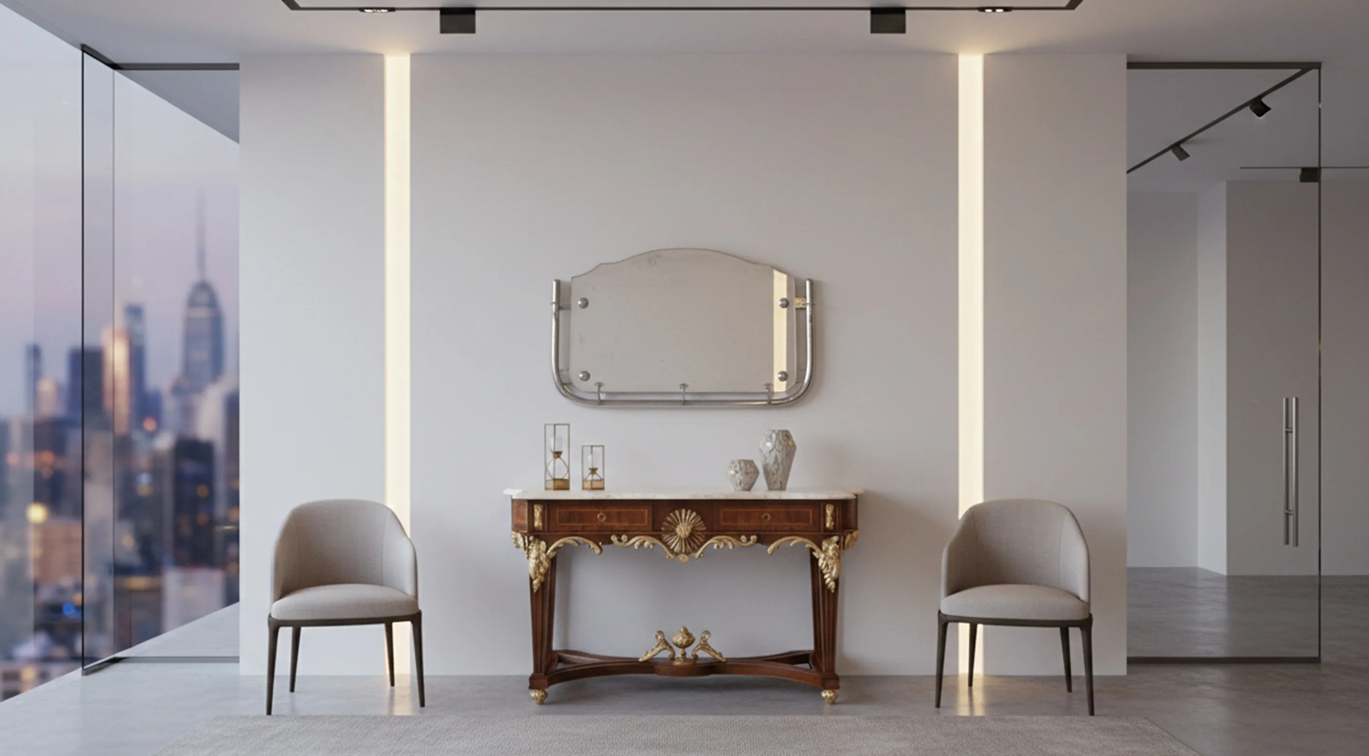 antique mirror above a decorated console table