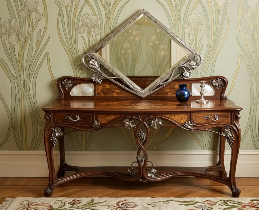 espelho antigo com moldura decorativa em forma de losango em uma mesa elegante