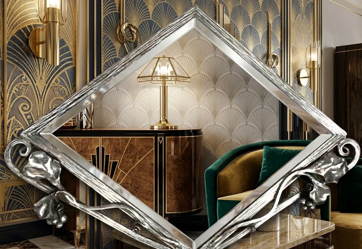 Antique mirror with artistic frame, Art Nouveau style in an elegant setting.