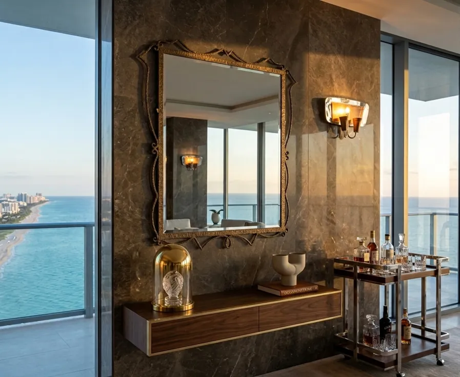 エレガントなフレームと海の景色を持つ古代の鏡