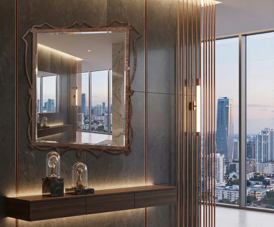 miroir ancien avec cadre détaillé dans un cadre moderne avec vue