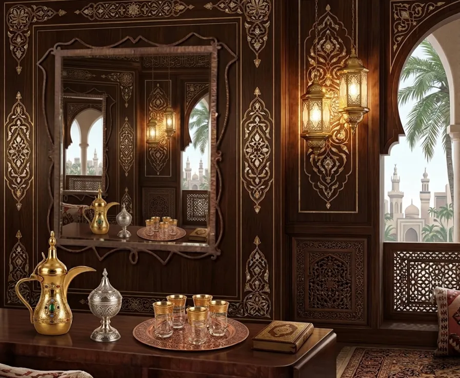 specchio antico decorato con dettagli intricati in un ambiente elegante