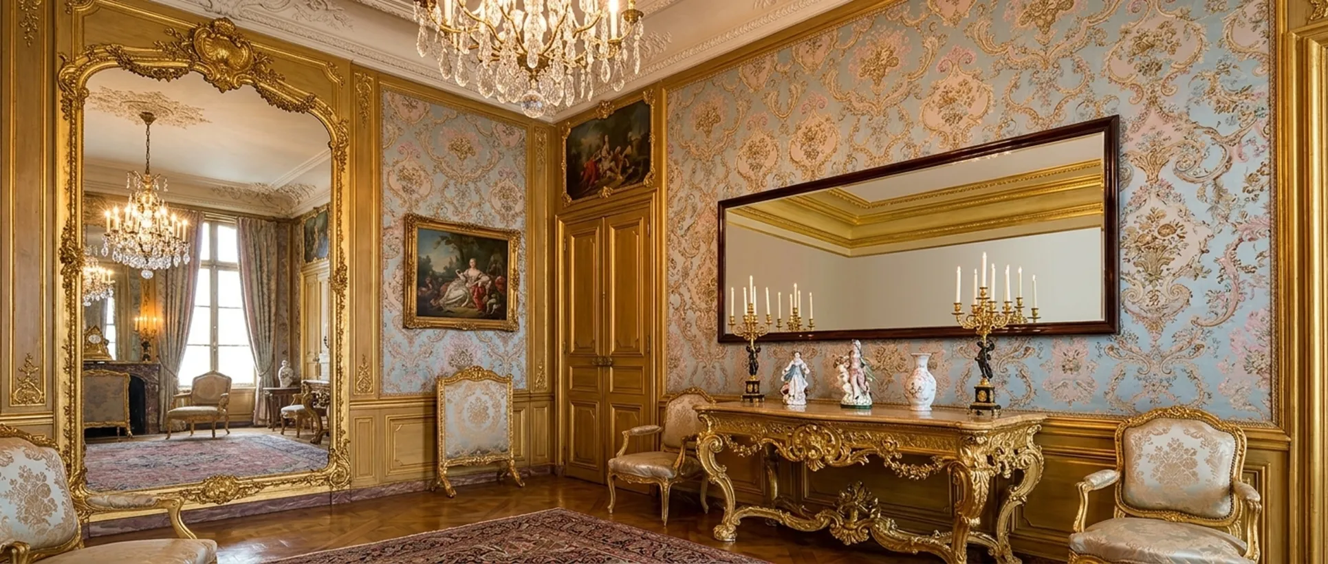 decorative antique mirror in an elegant room with chandeliers