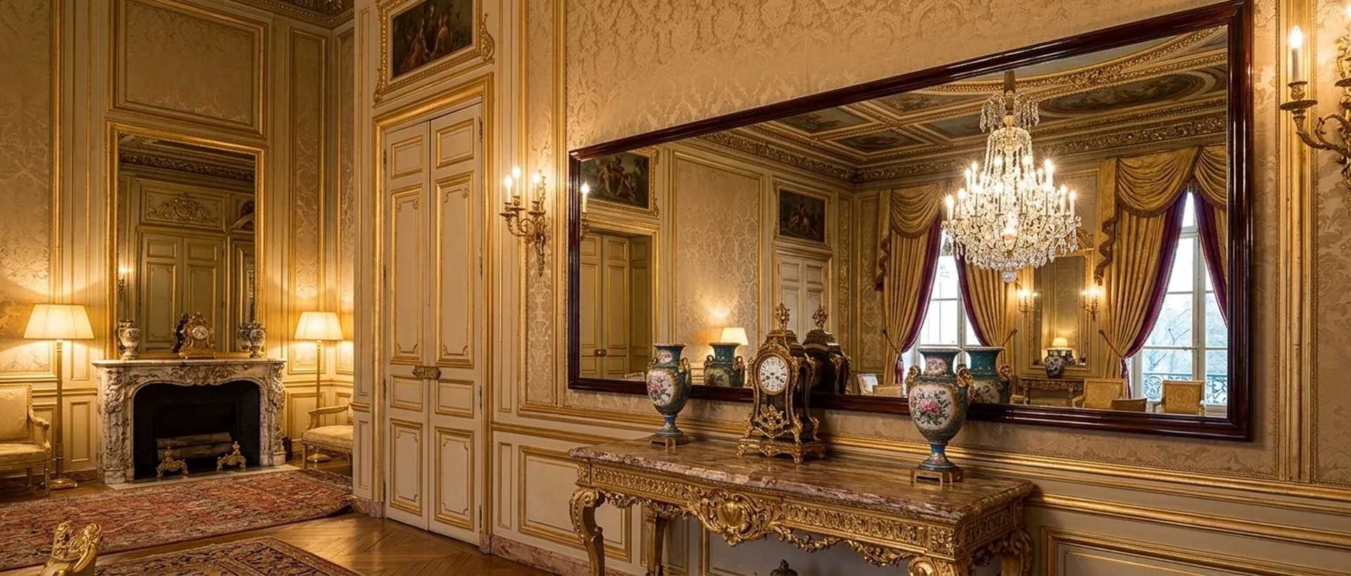 antique mirror for decoration in classic environment with lamps and sculptures