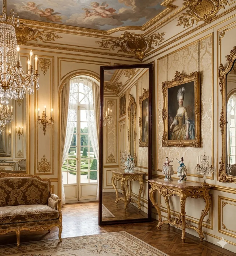 specchio antico decorativo in un ambiente classico con candelabri e dipinti