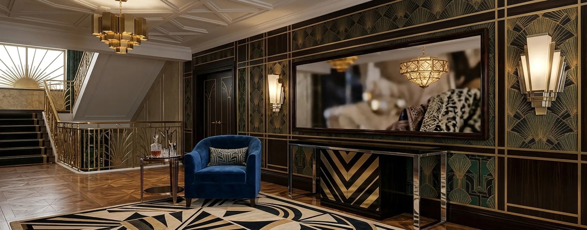 espejo antiguo con elegante marco art deco en un salón decorado