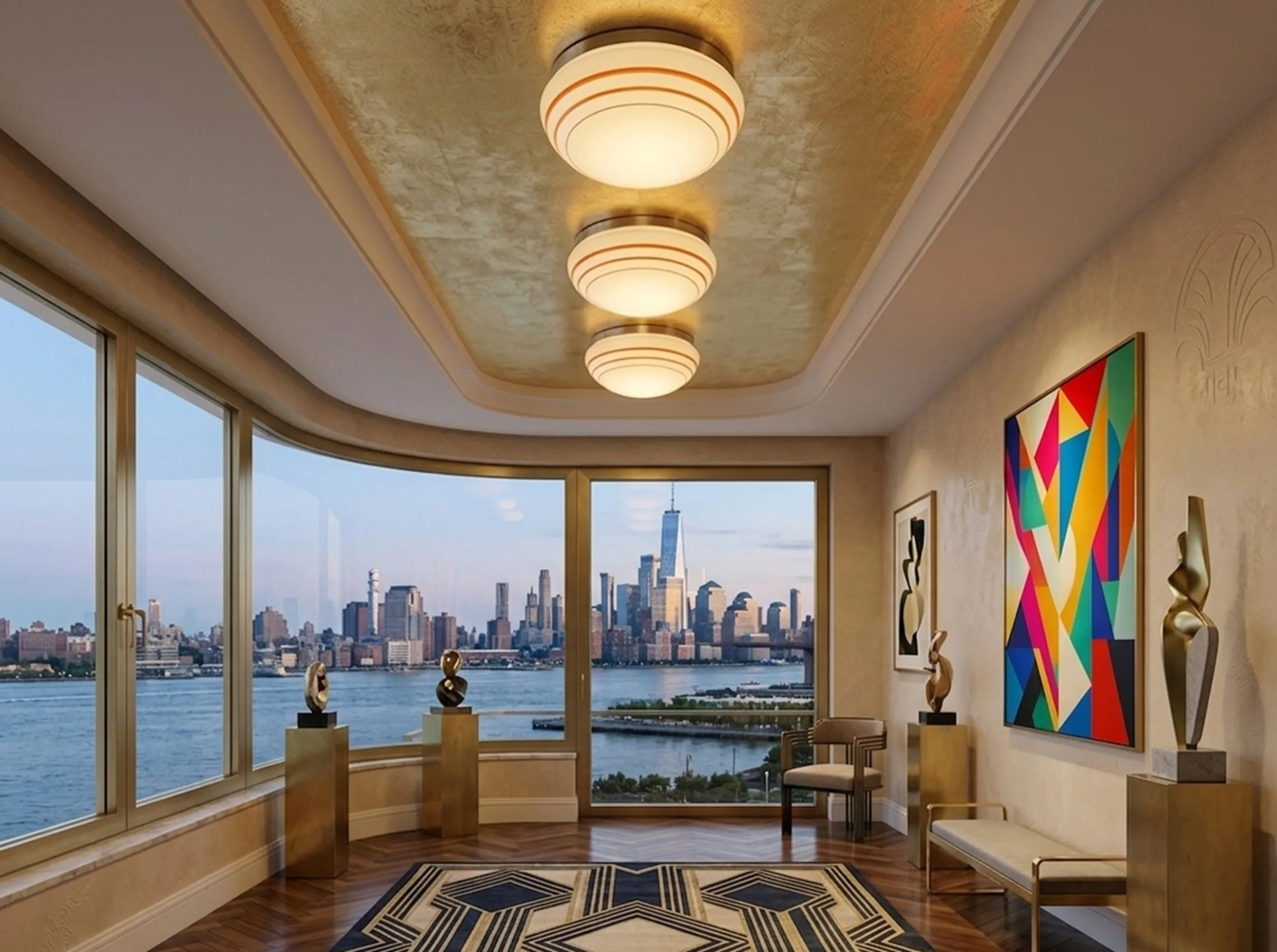 Three antique ceiling lights illuminating an area with a view.
