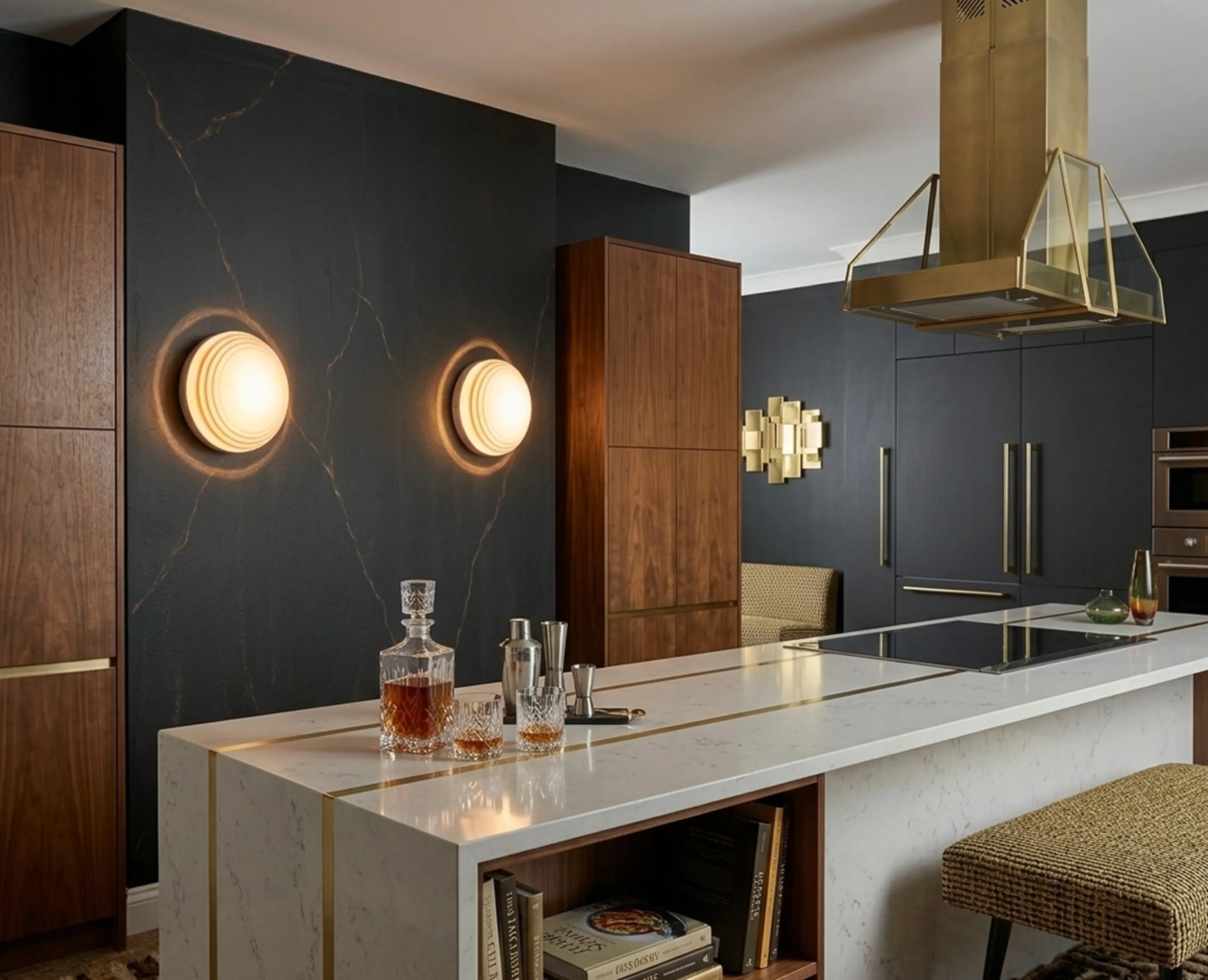 Trois plafonniers anciens dans une cuisine moderne, illuminant l'espace.