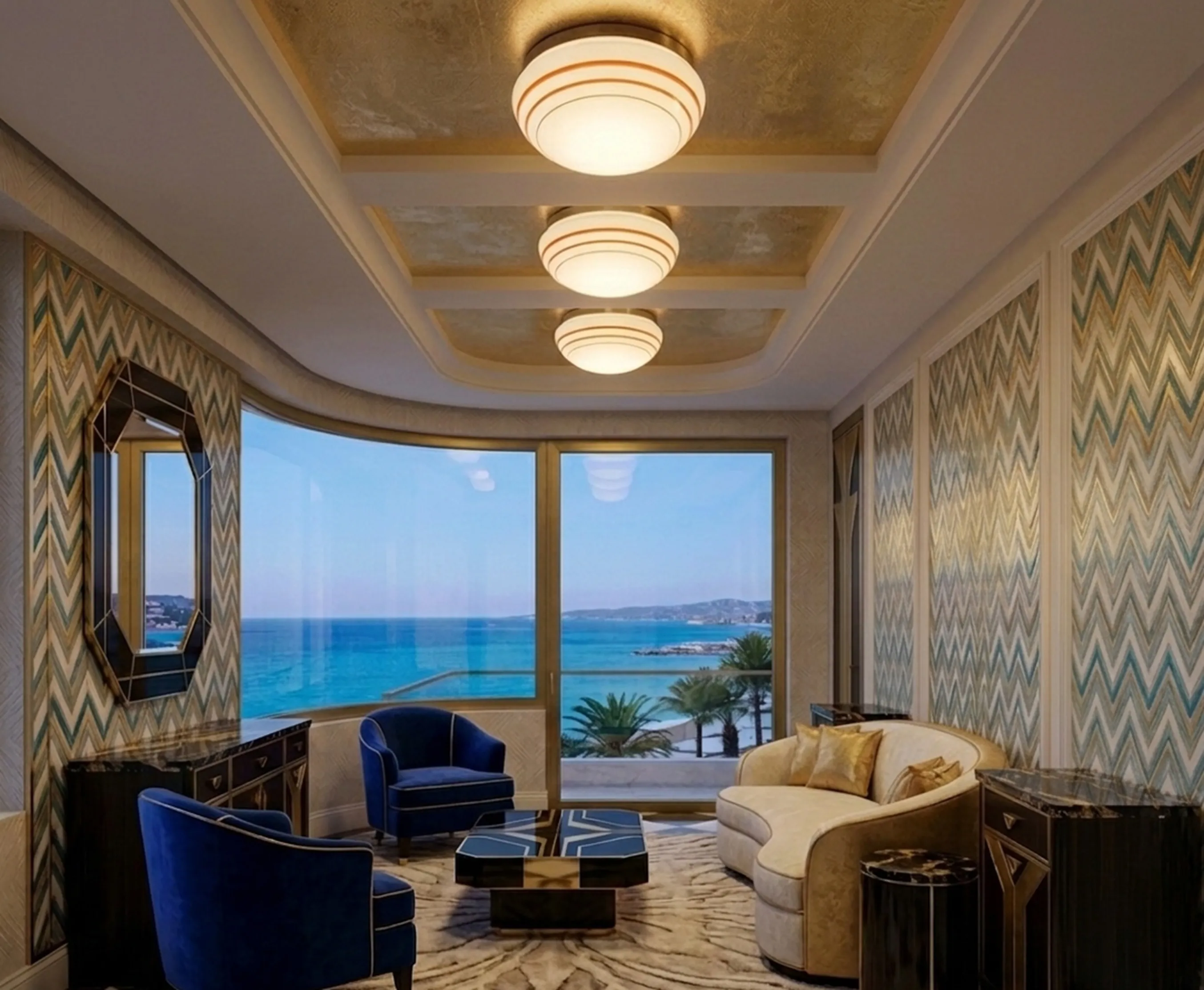 три антикварные потолочные светильника в светлом зале с большими окнами