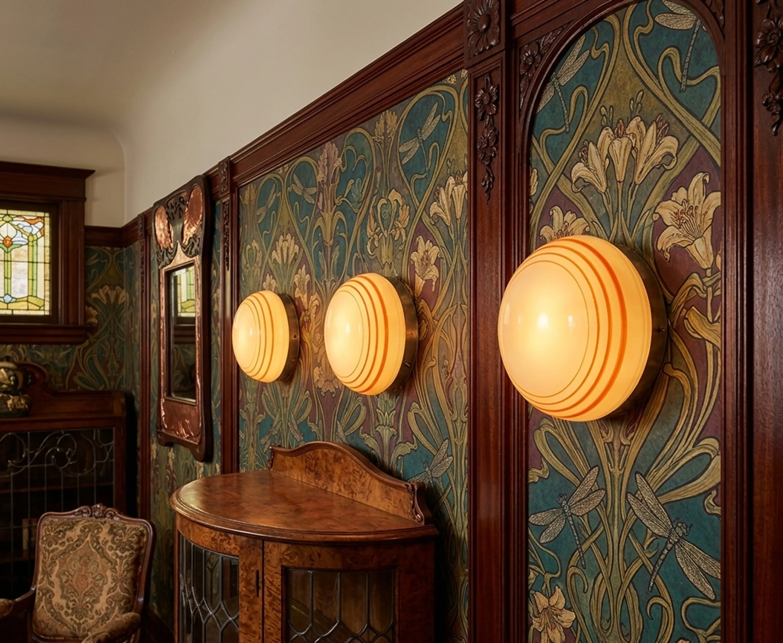 três luzes de teto antigas iluminando uma parede decorativa