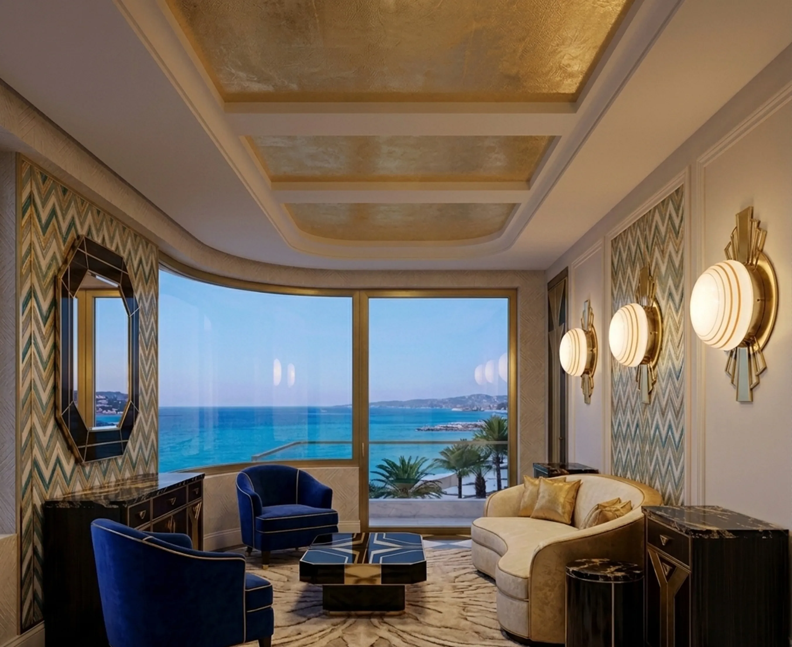 Conjunto de 3 luzes de teto antigas iluminando um ambiente elegante com vista para o mar.