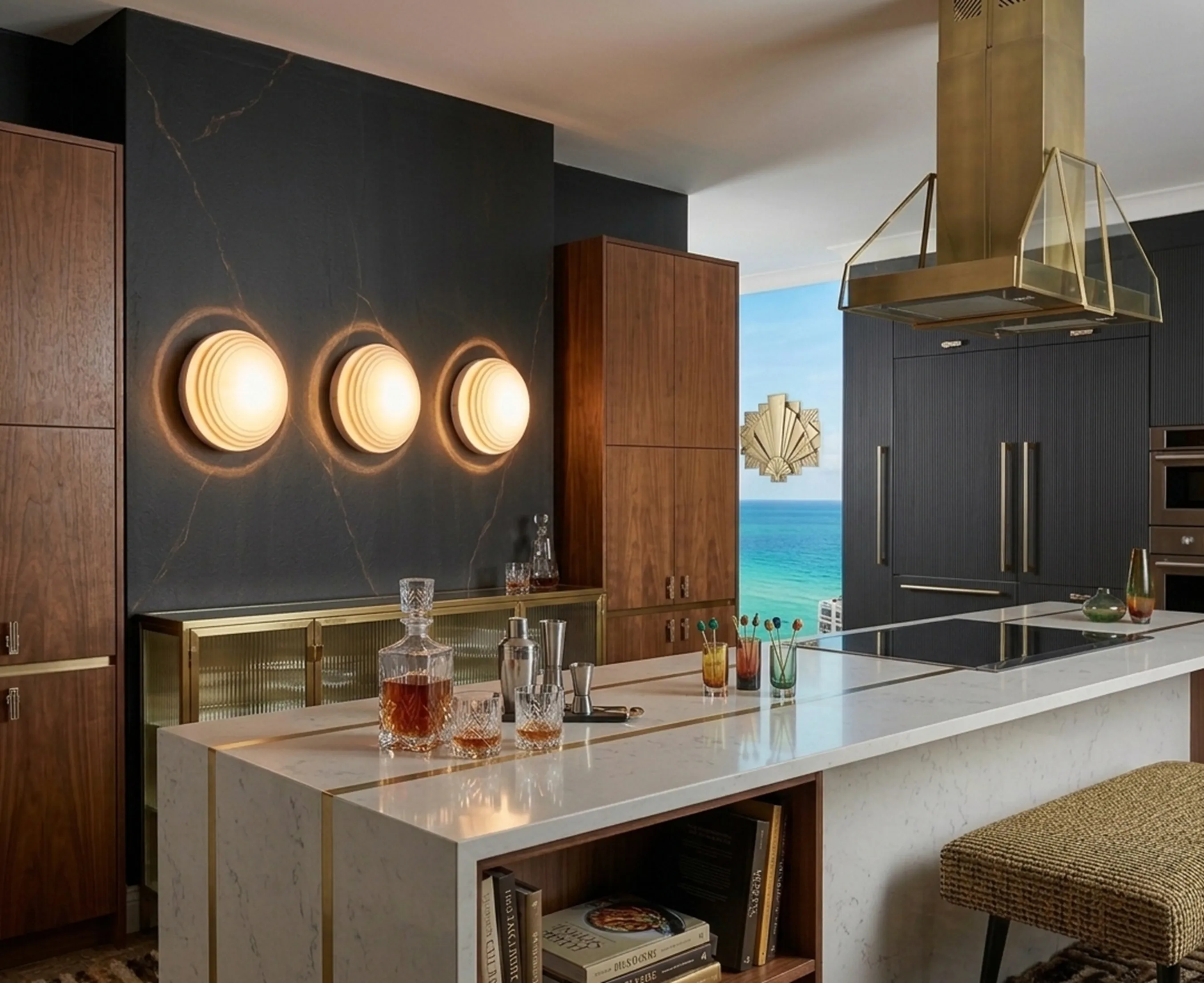 Trois plafonniers anciens dans une cuisine moderne avec vue sur la mer