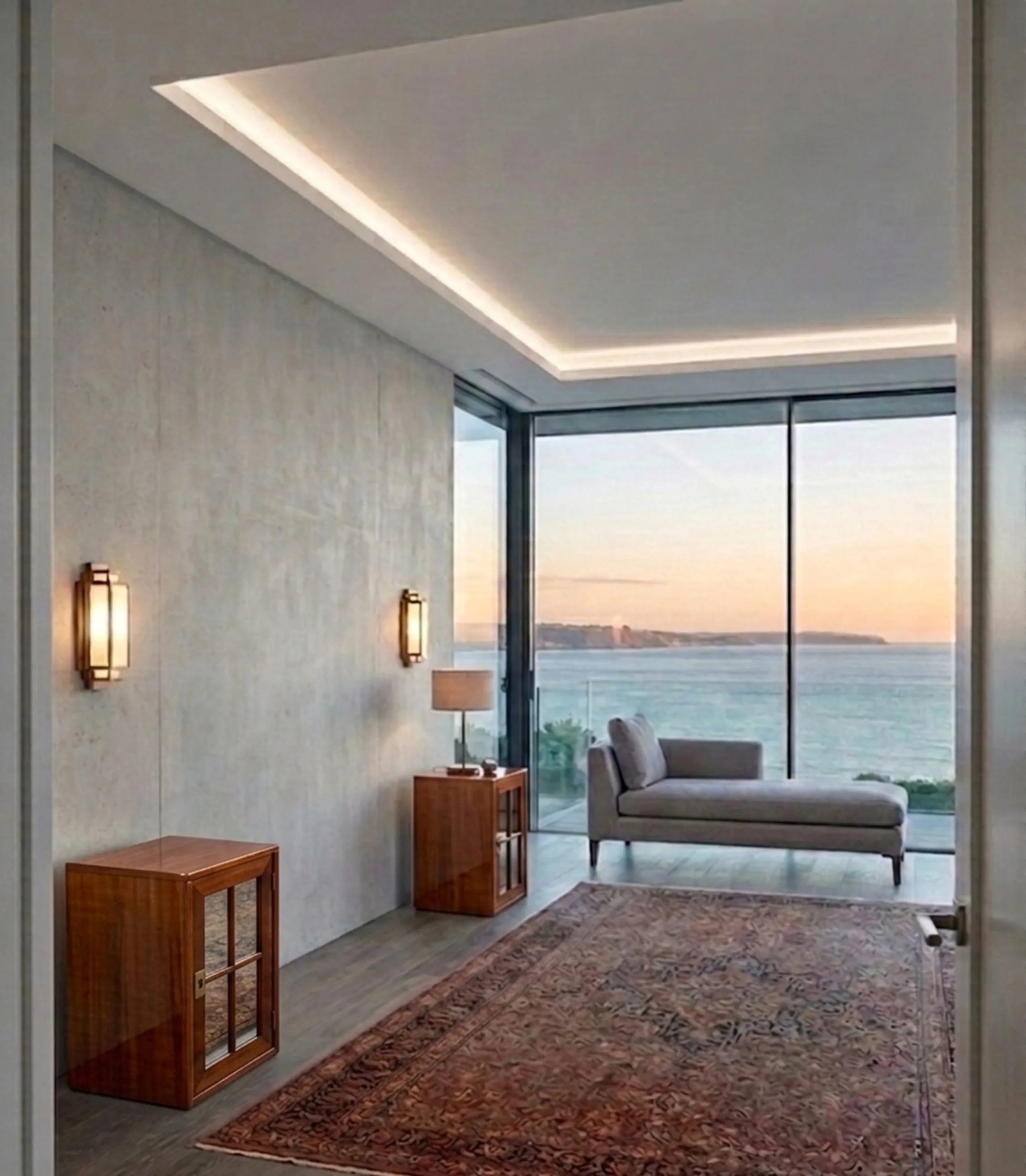 Comodini antichi in un ambiente moderno con luce soffusa