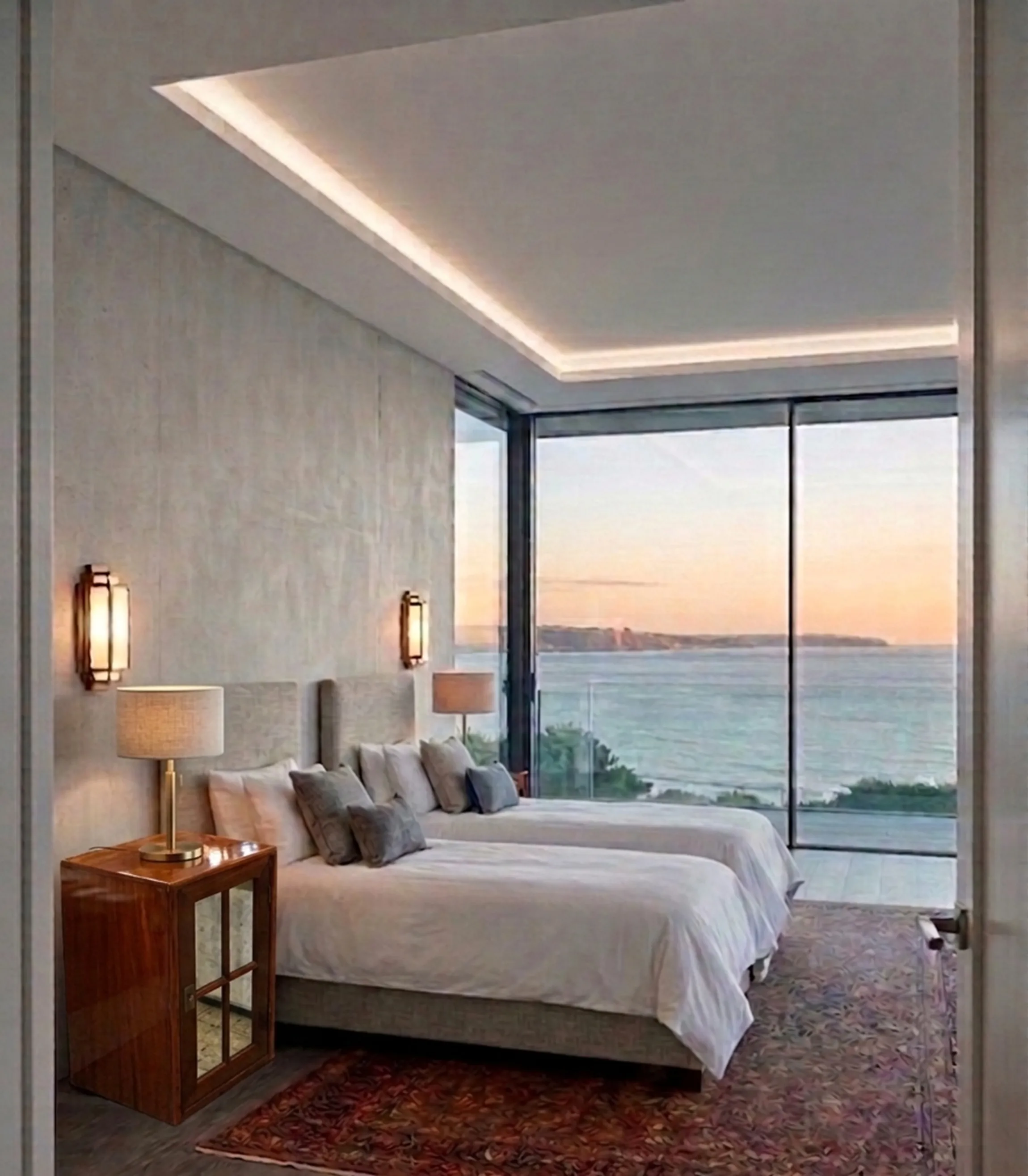 mesa de luz antigua junto a una cama moderna en habitación luminosa con vista al mar