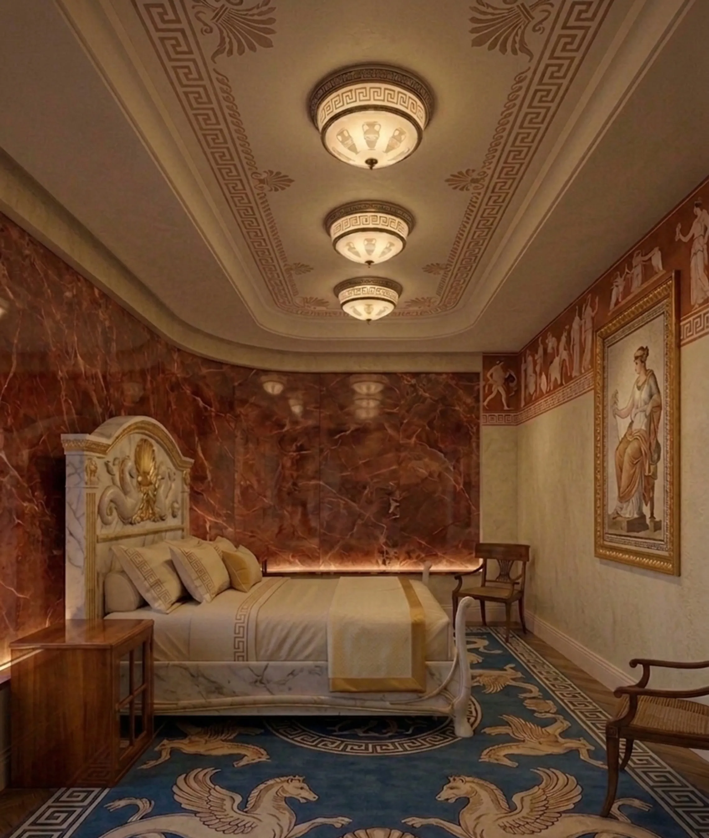 antiker Nachttisch mit klassischem Design in elegantem Schlafzimmer