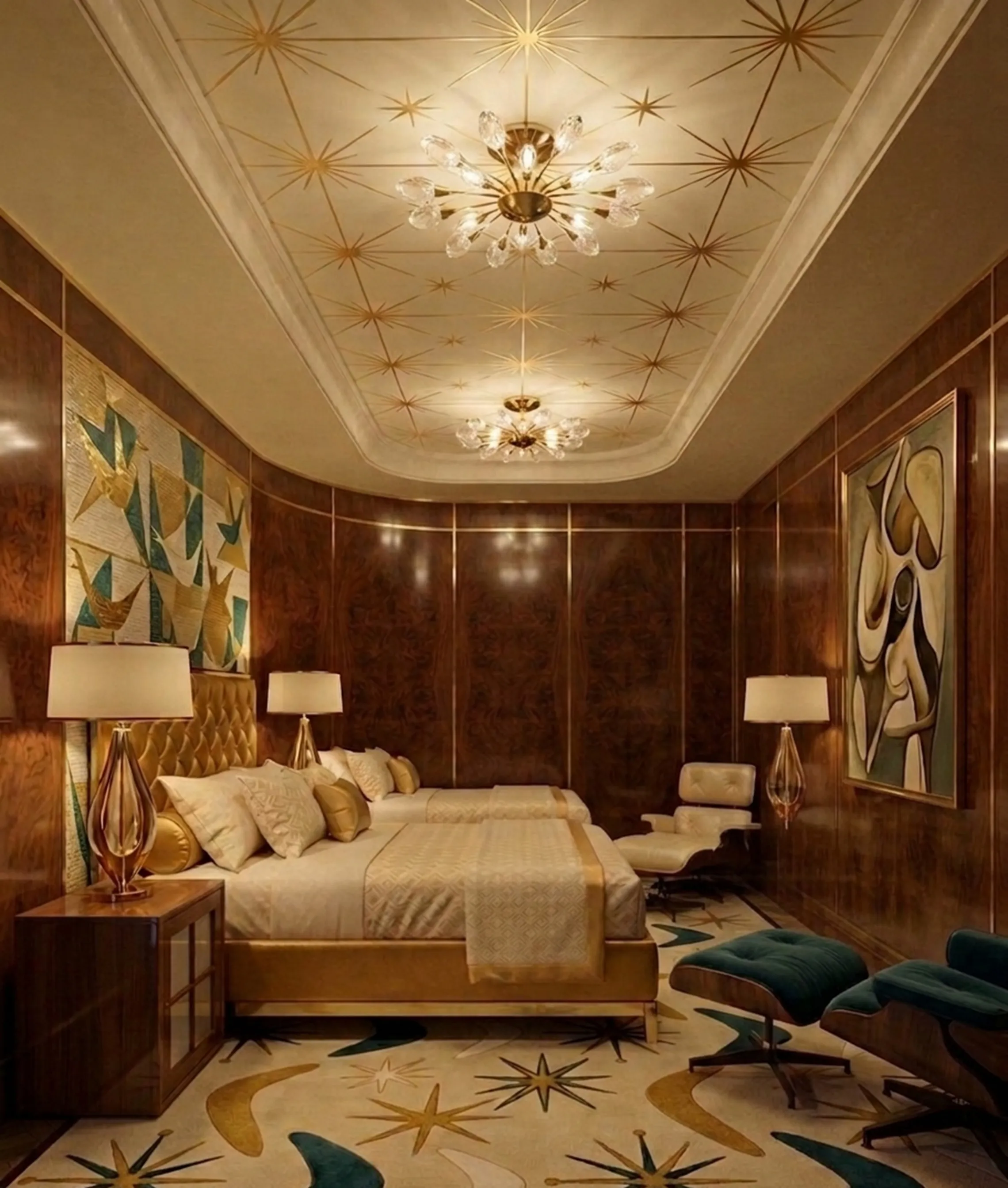 antike nachttische neben dem bett mit glaslampen