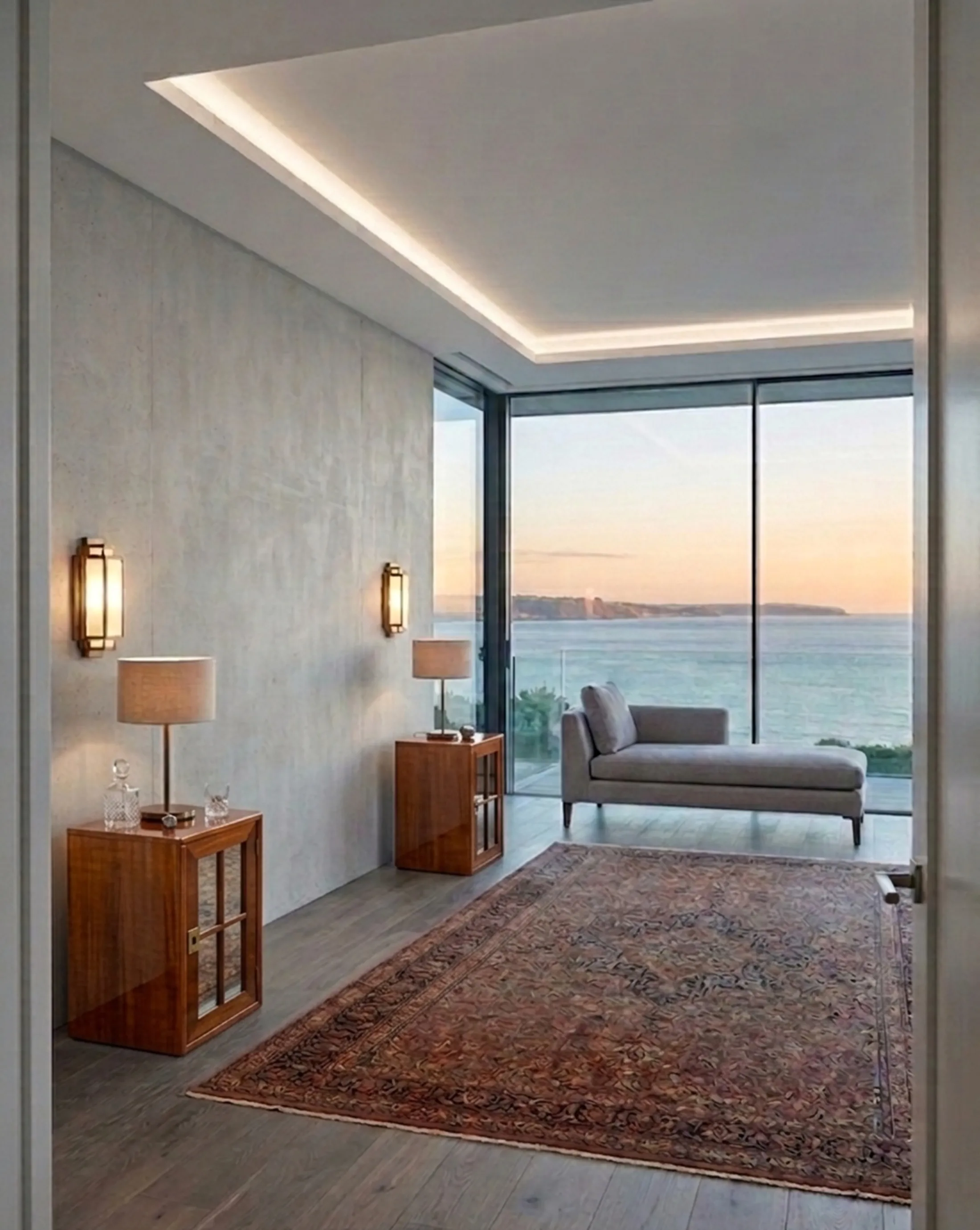 comodini antichi accanto a un divano e vista sul mare