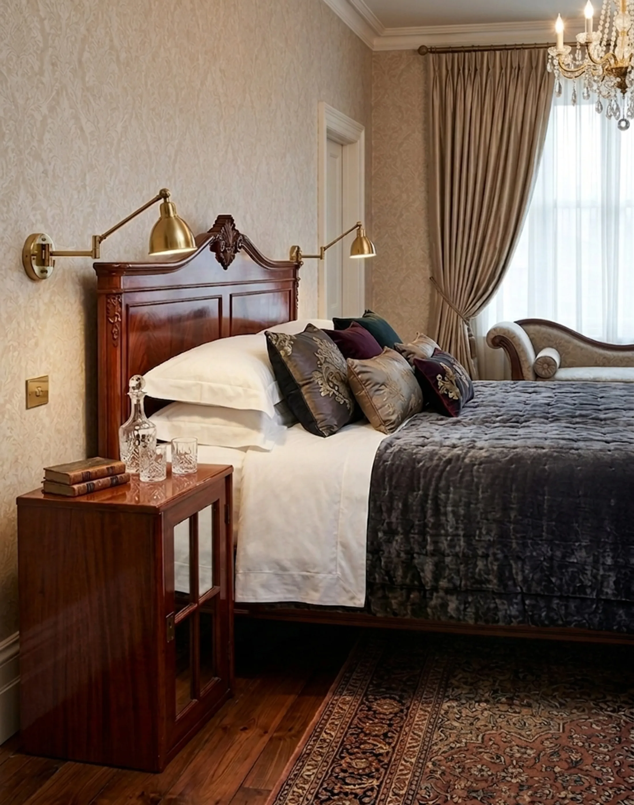 table de chevet antique à côté du lit avec une décoration élégante