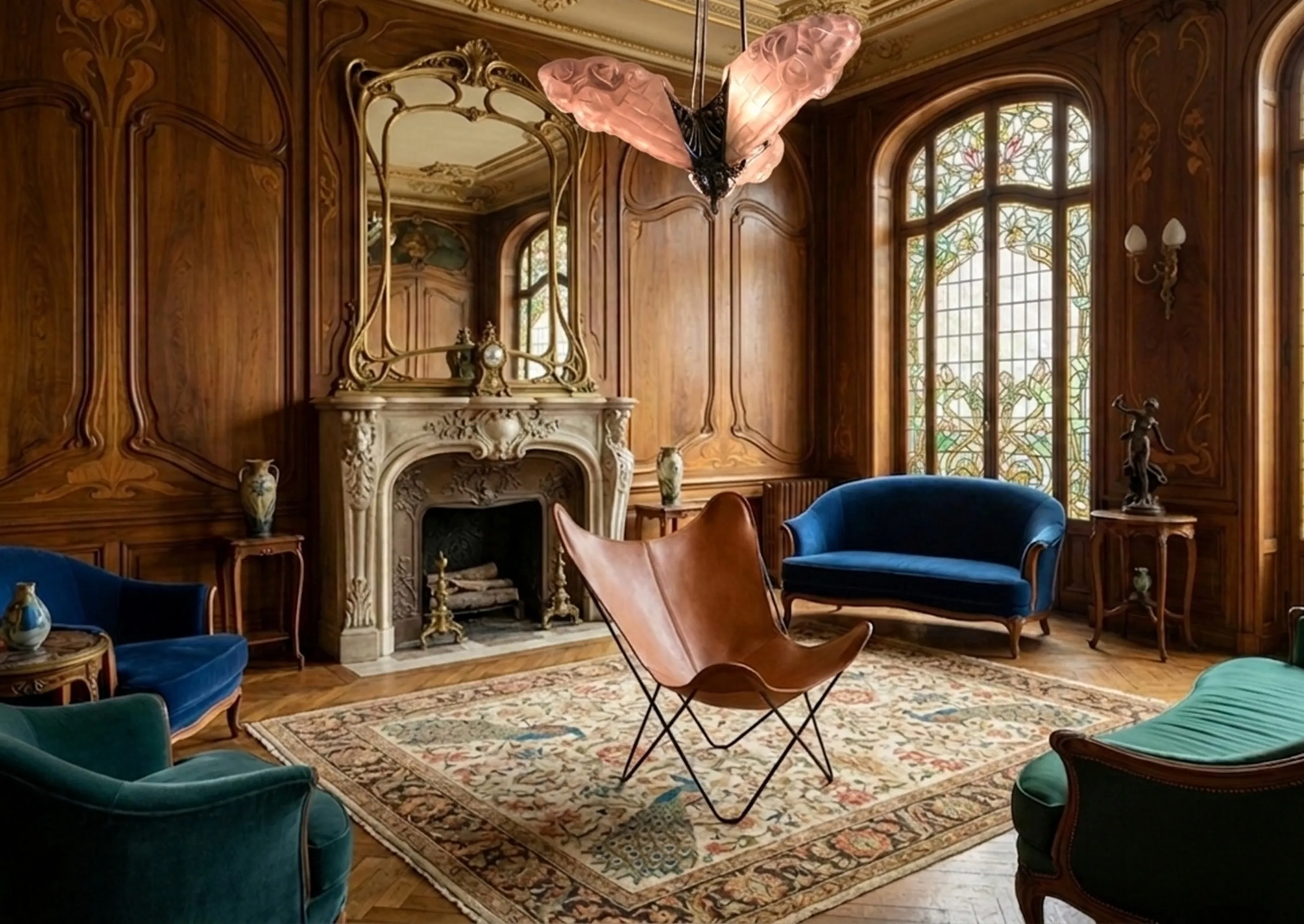 Lampada a sospensione antica con design curvato in un ambiente elegante con poltrone e specchio.