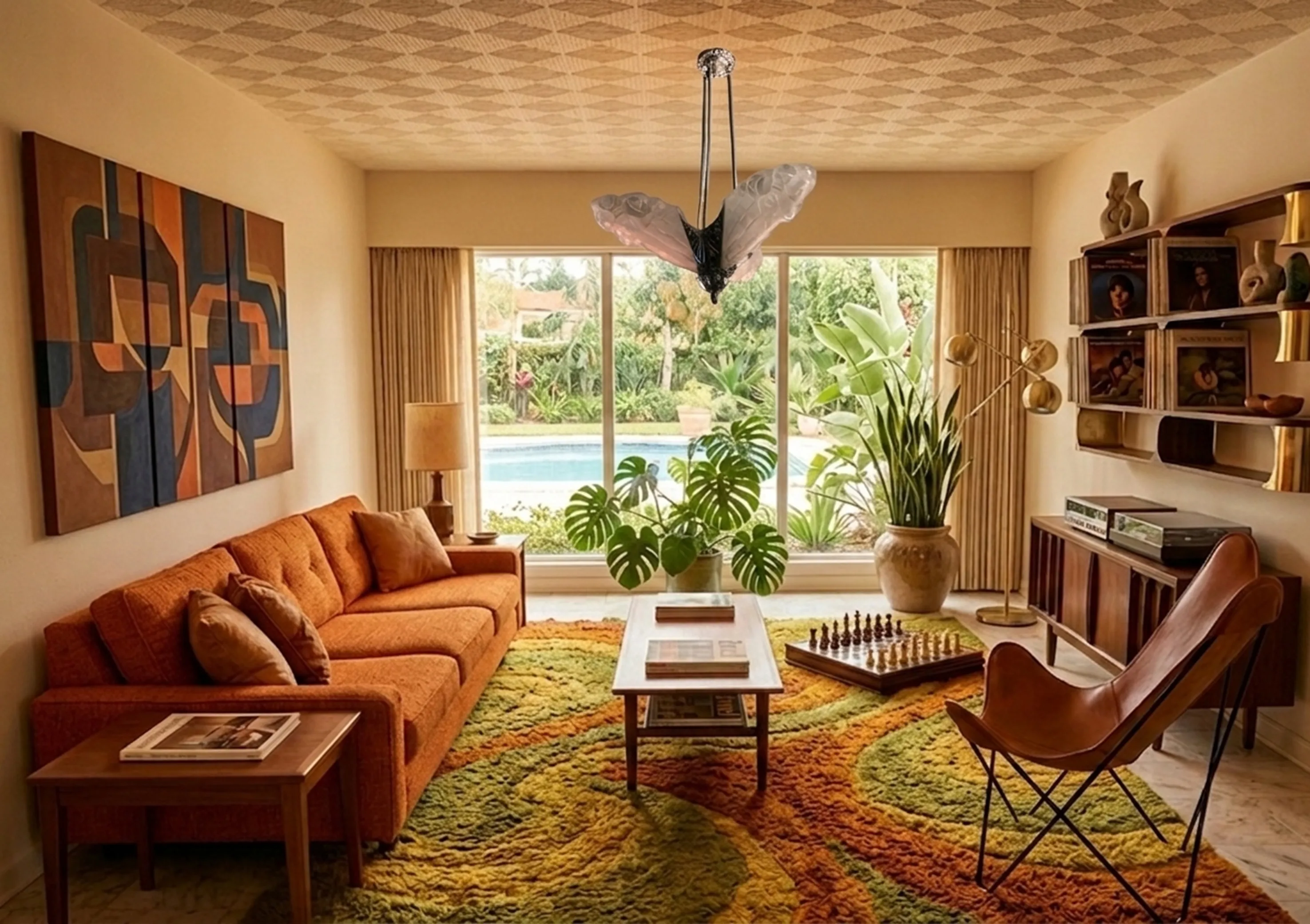 Antigua lámpara de techo de estilo único en el salón, con una hermosa decoración.