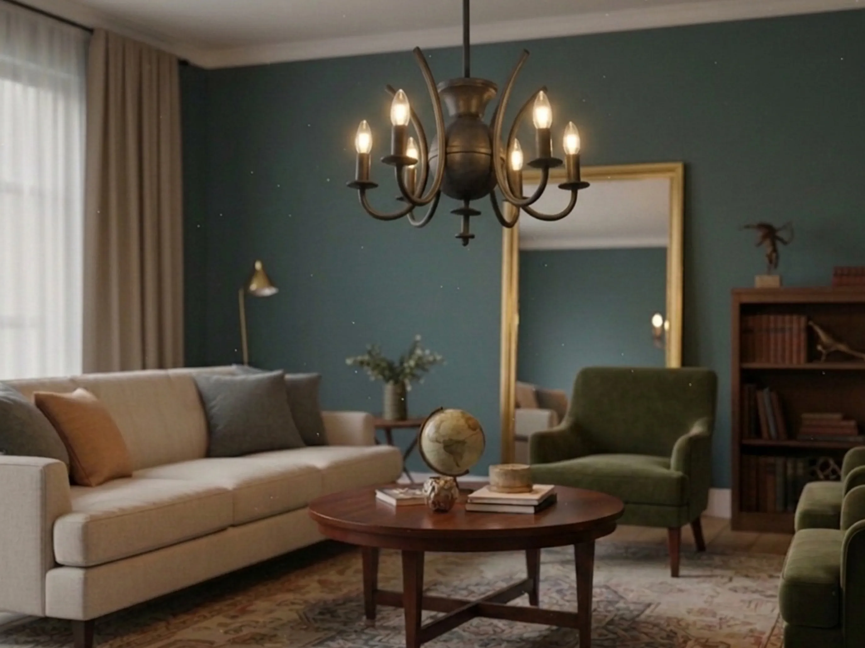 Lâmpada de teto antiga sobre uma mesa em uma sala de estar elegante.