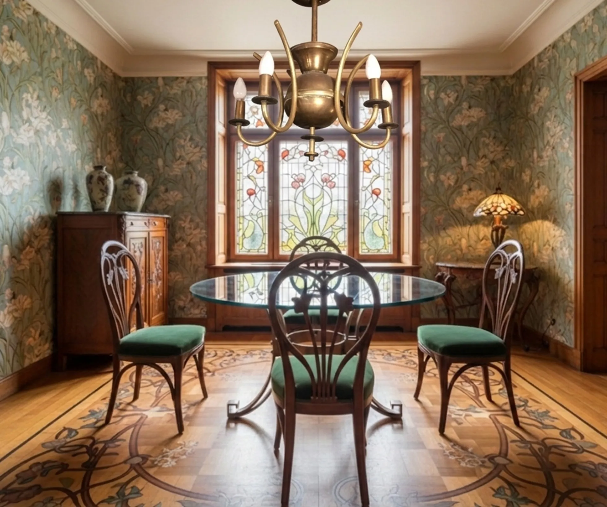 Lampada a sospensione antica con design elegante, atmosfera classica, luce morbida.