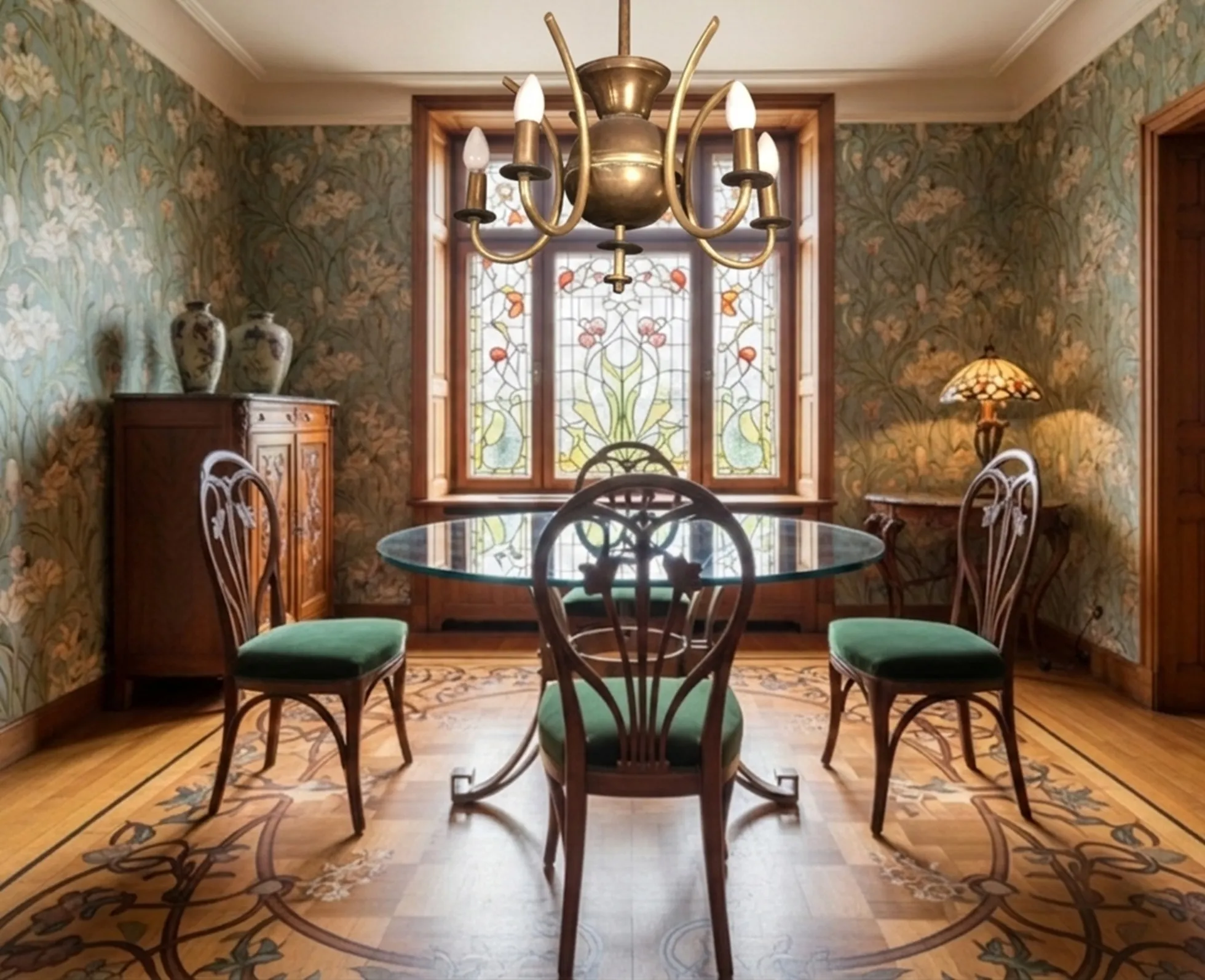 Lustre antique dans un salon avec des meubles élégants et un fond floral.