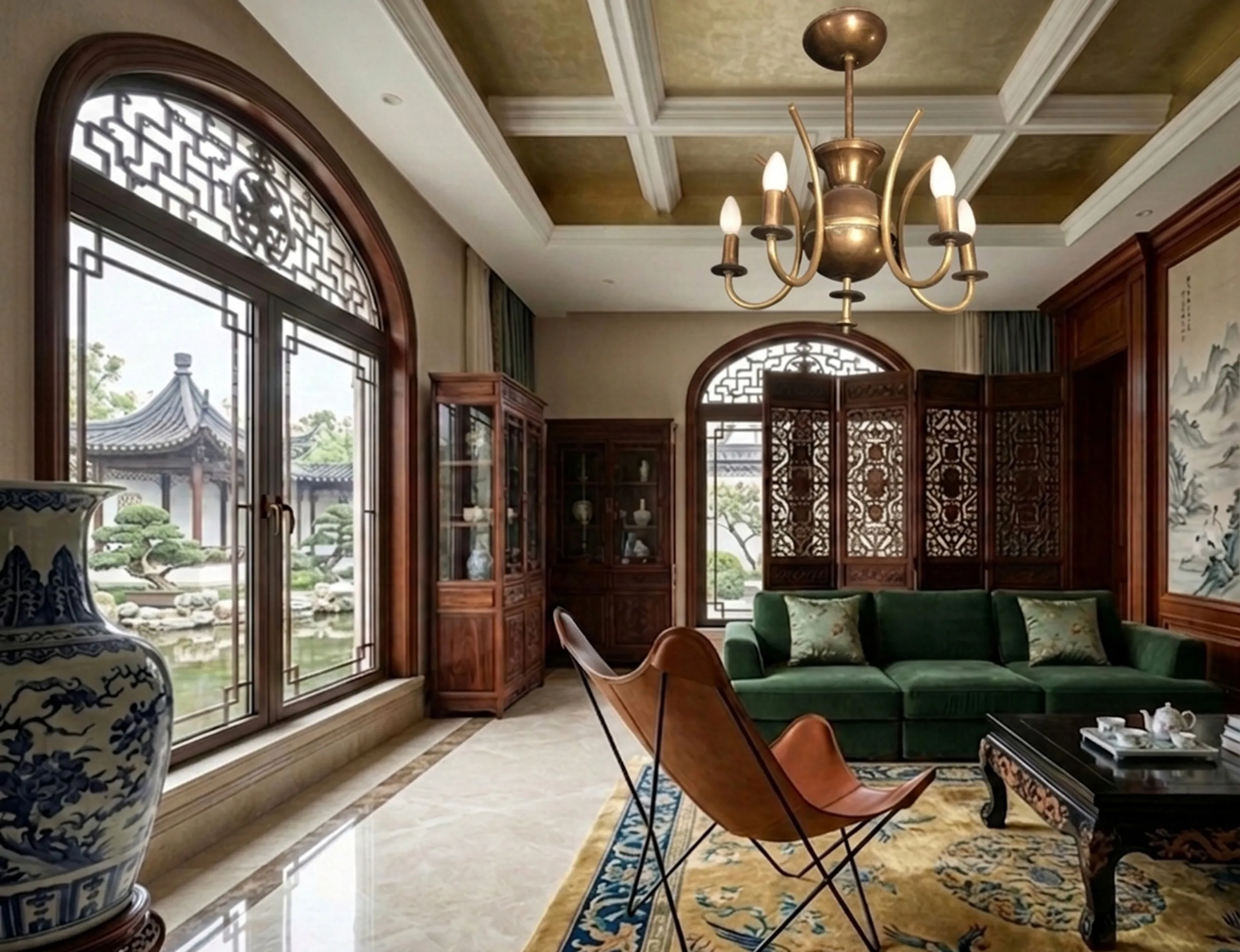 antike Hängelampe mit fünf Lichtern in einem eleganten Wohnzimmer