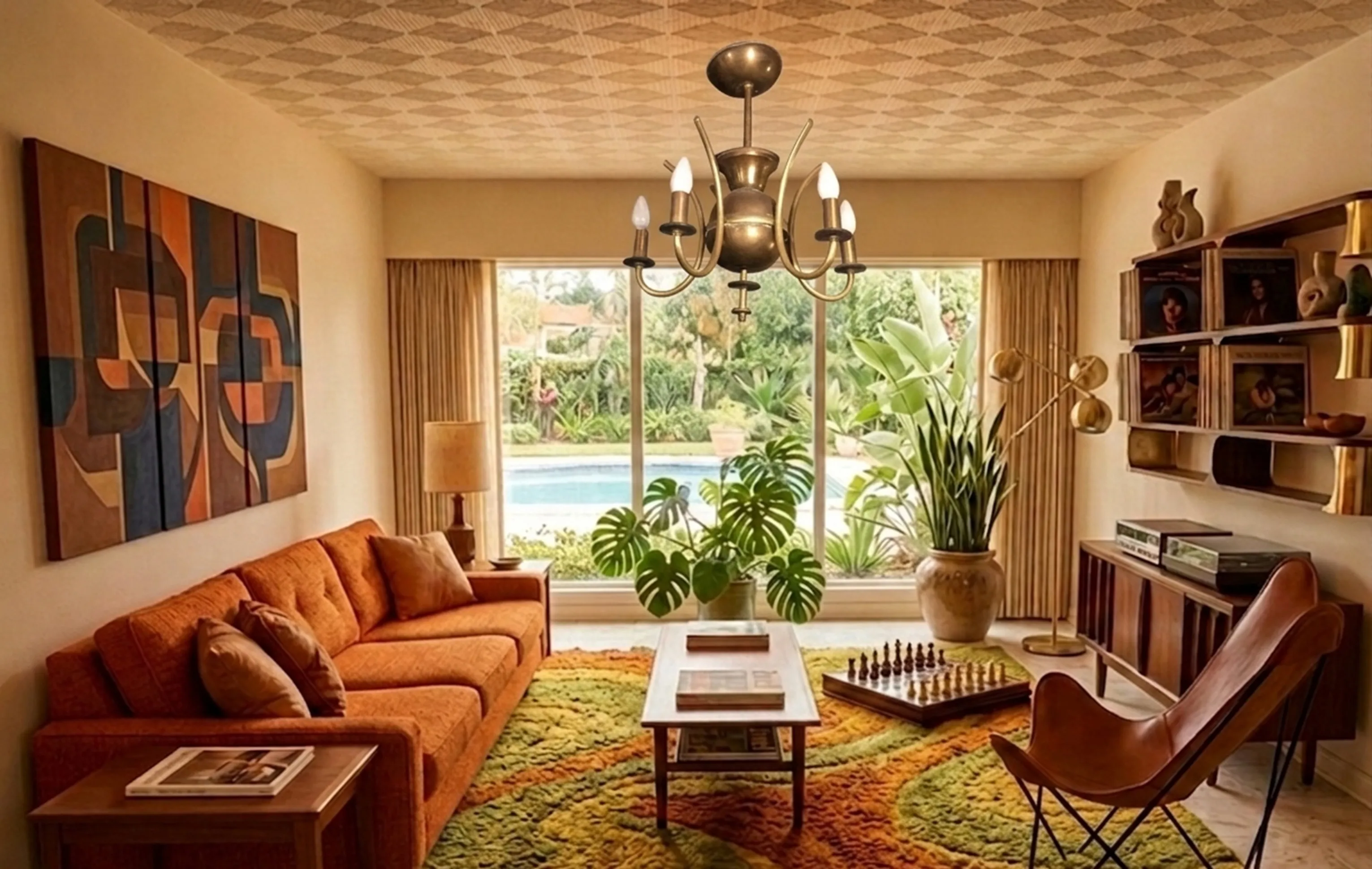 Antique hanging lamp with five arms, cozy setting.