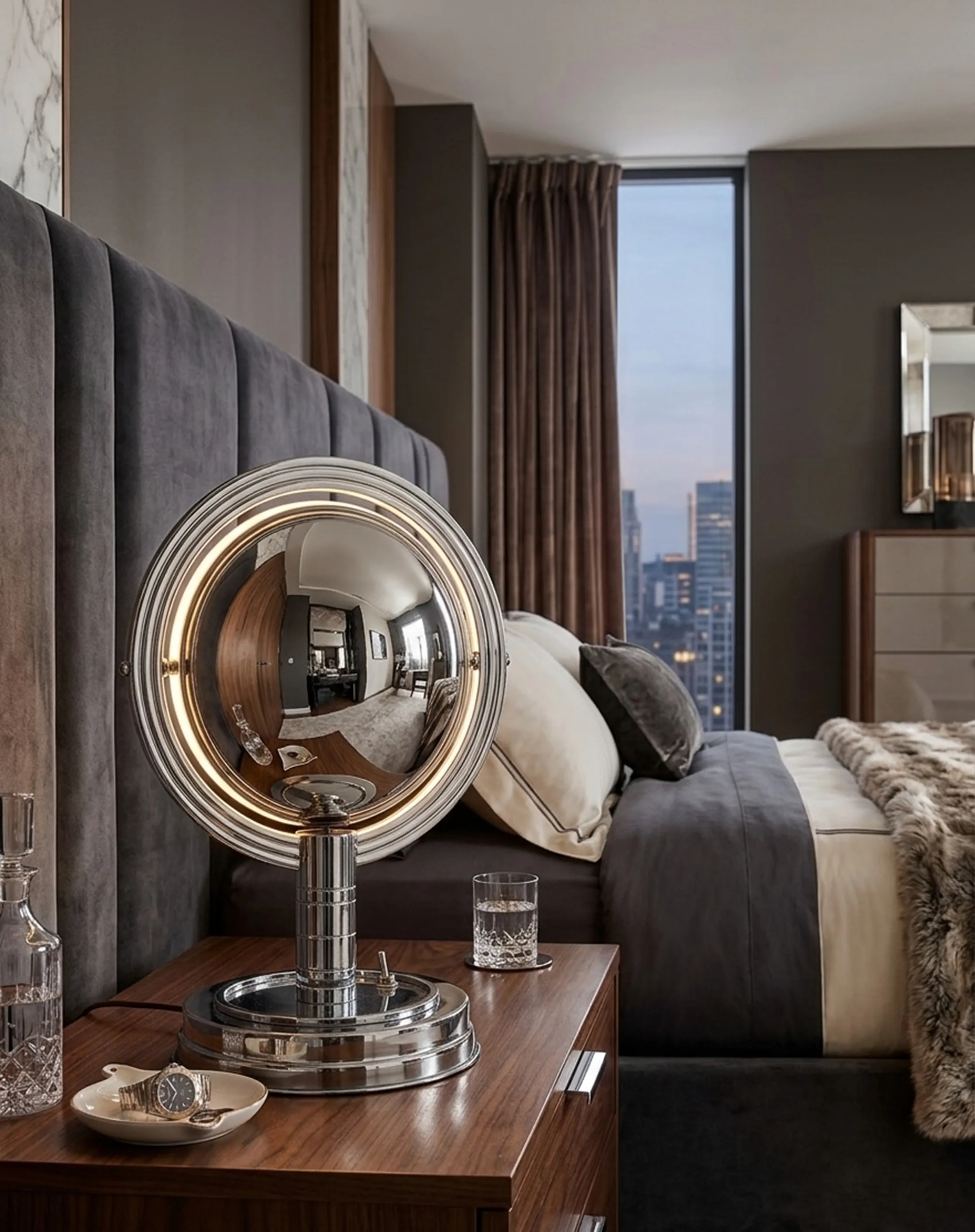 antique table lamp with a circular base and reflected light