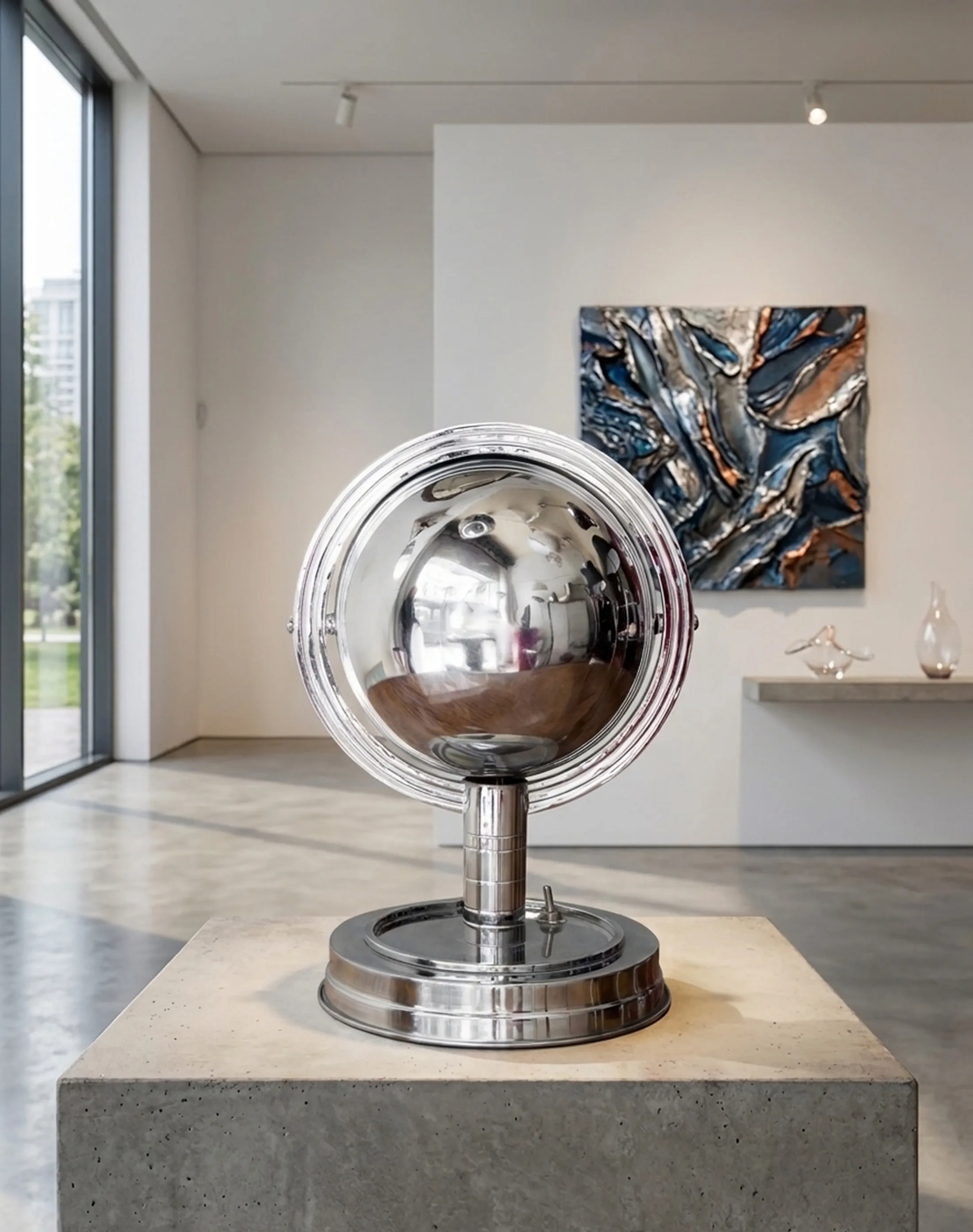 antique table lamp with metal base and curved design in a modern gallery