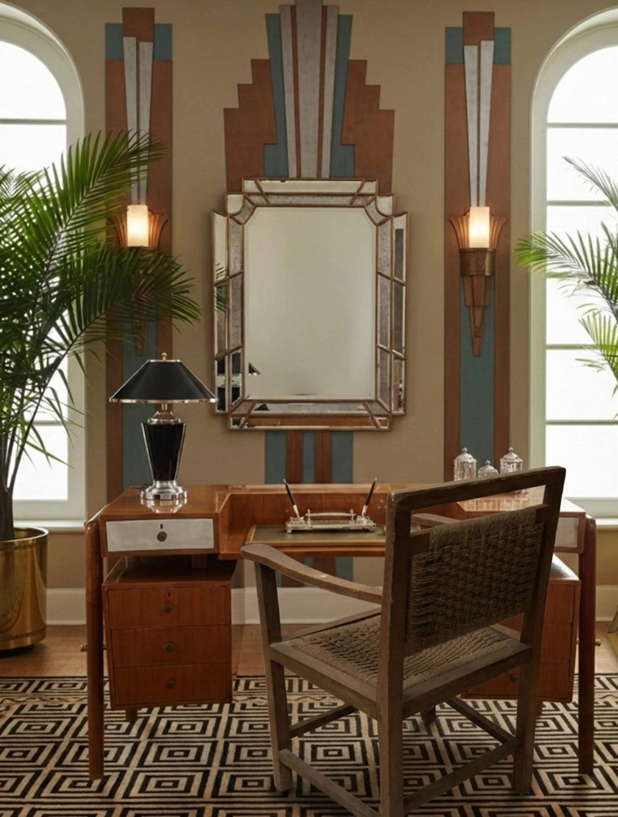 Antiker Sessel im klassischen Stil, umgeben von elegantem Schreibtisch und Dekoration.