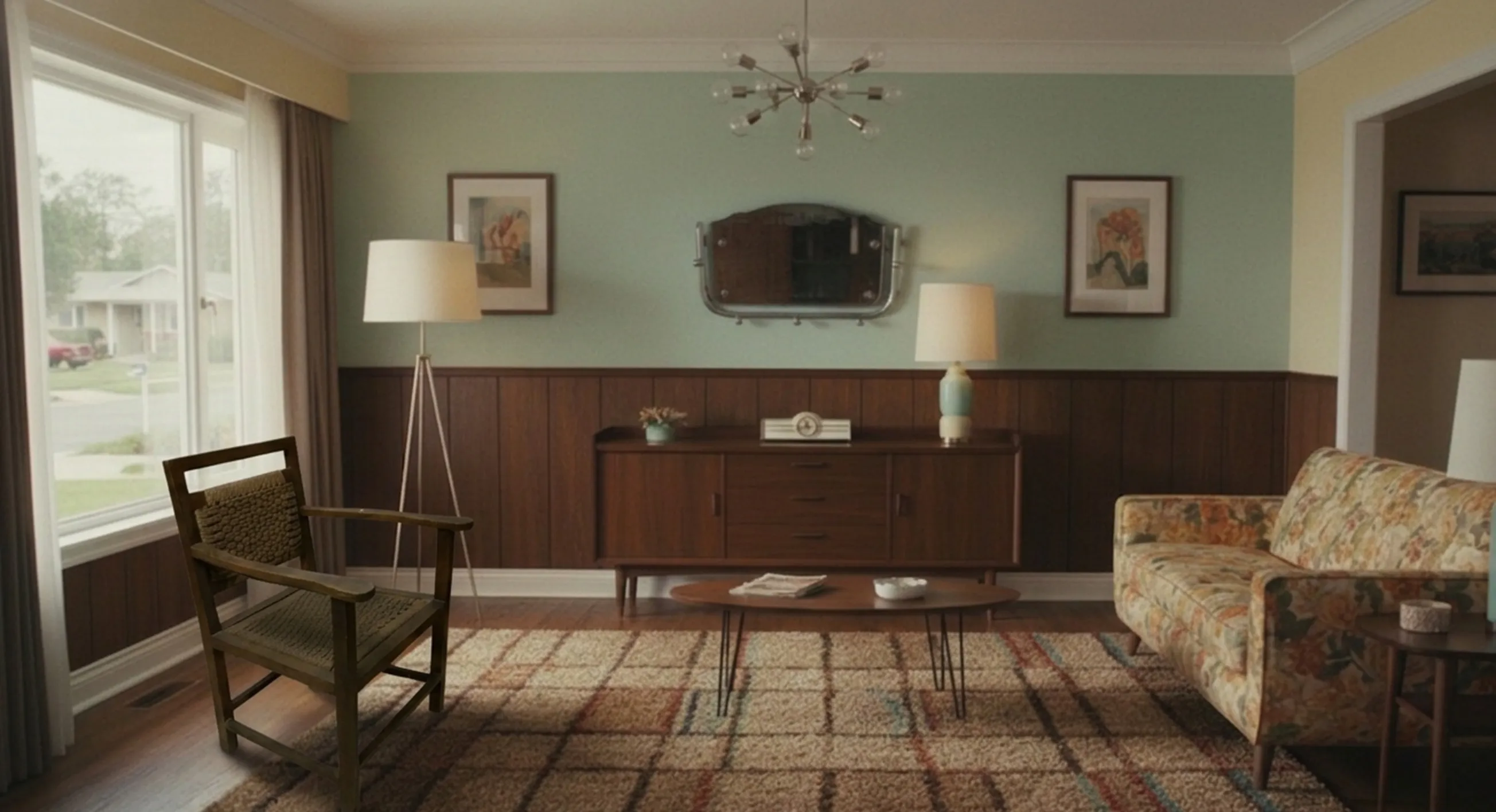 Fauteuil ancien dans un salon avec des lampes et une décoration