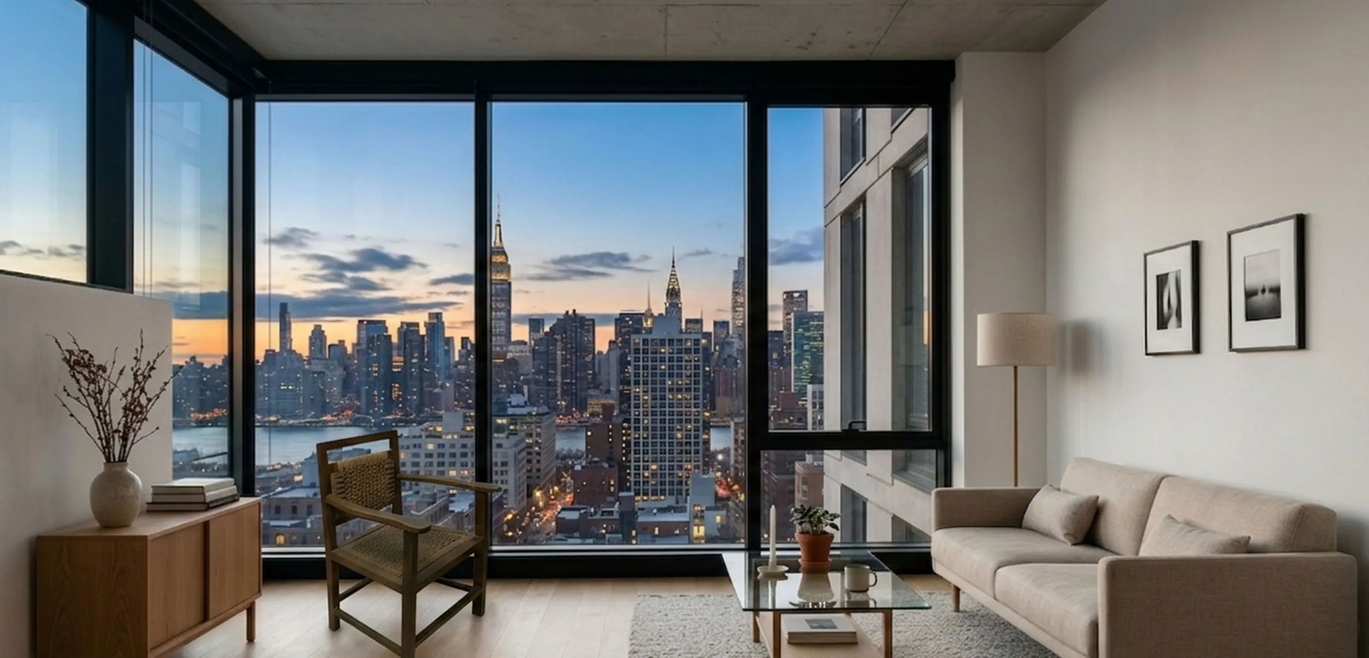 Poltrona antica in un salone moderno con vista sulla città.